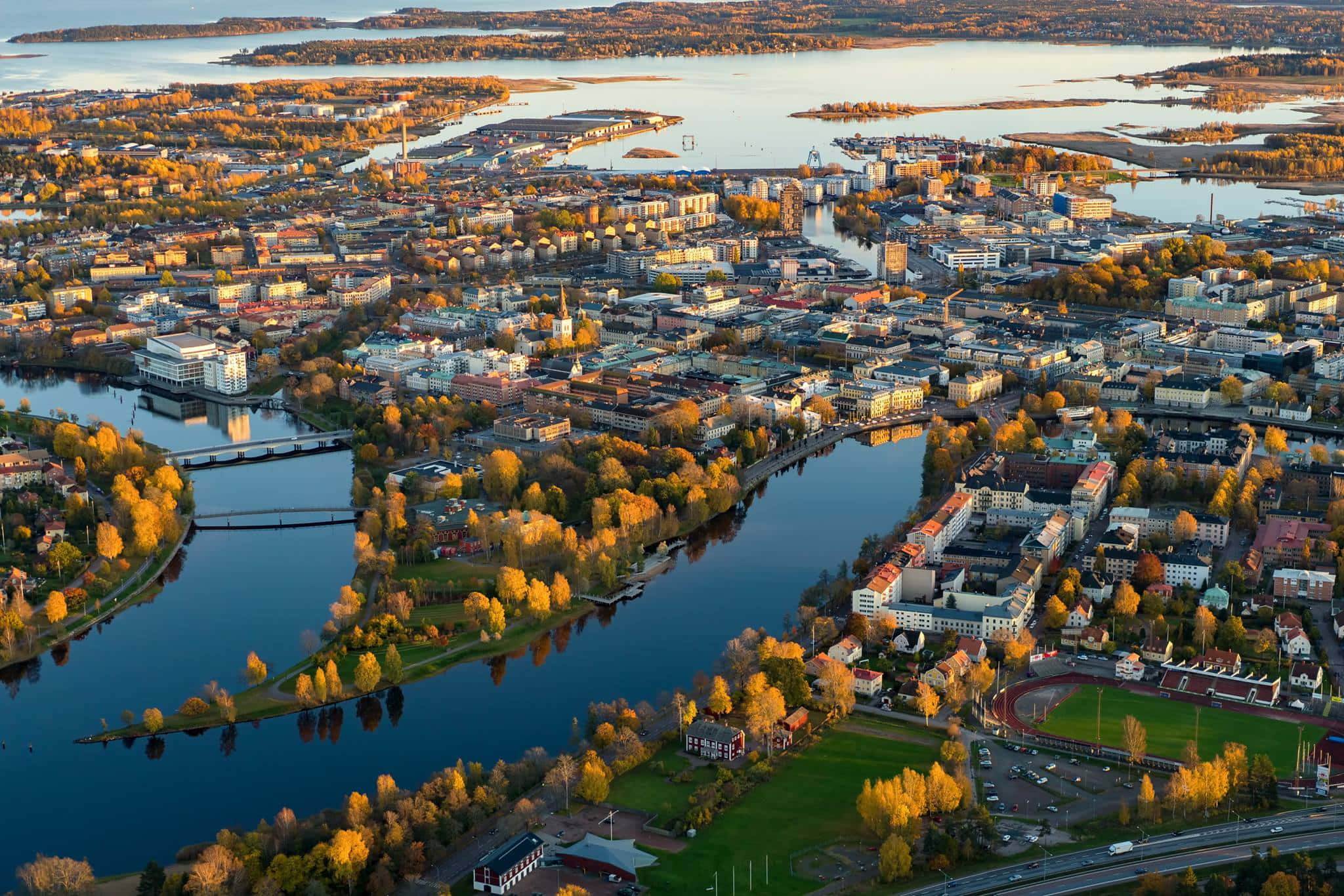 Karlstad Sweden, aerial view, autumnal trees, Full HD Desktop Wallpaper