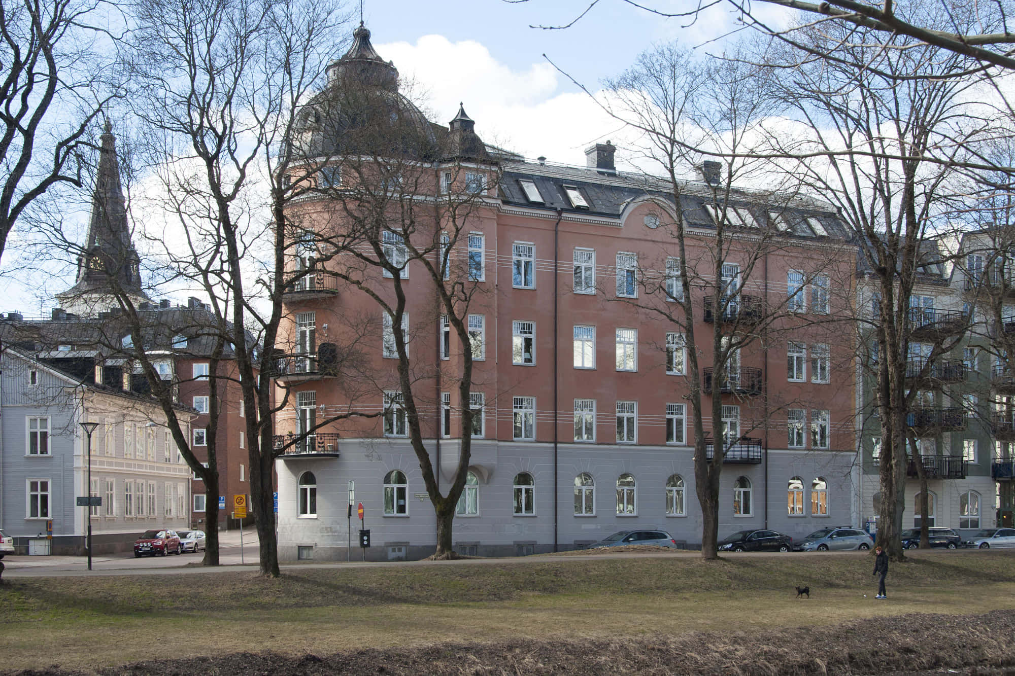Karlstad Sweden, red brick apartment building, ornate balconies, Full HD Desktop Wallpaper
