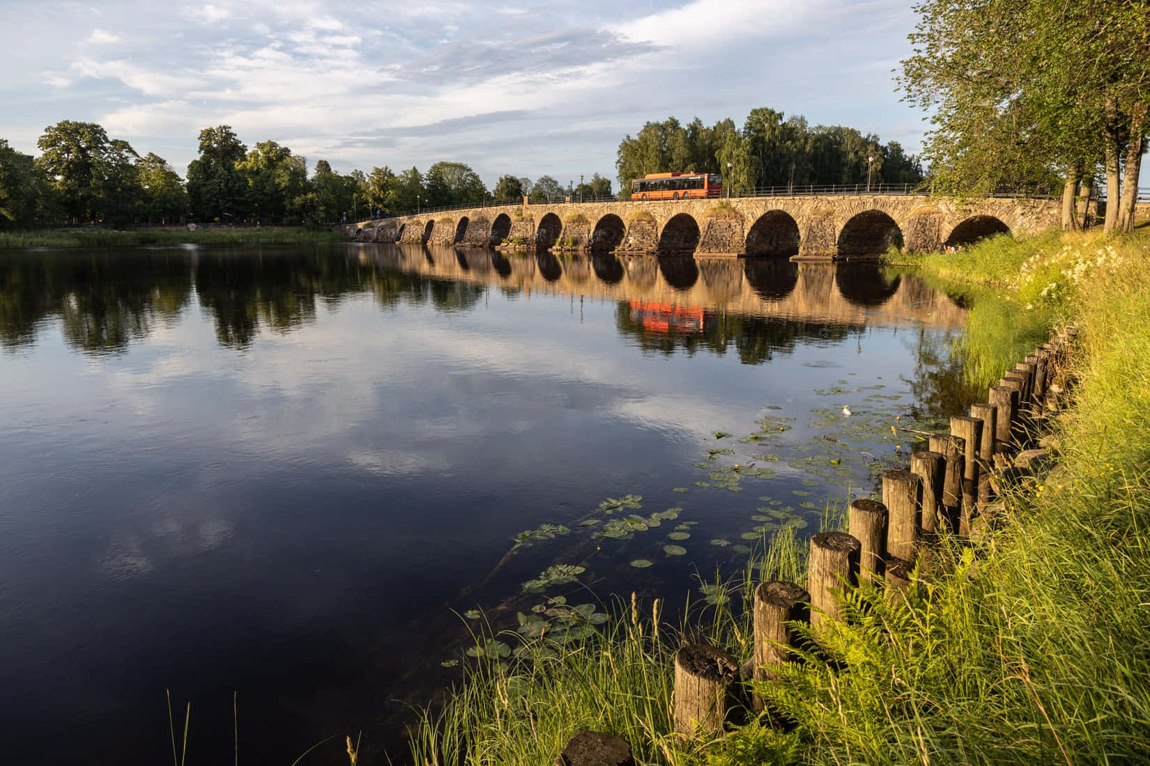stone arch bridge, Karlstad Sweden, calm river, HD Desktop Wallpaper