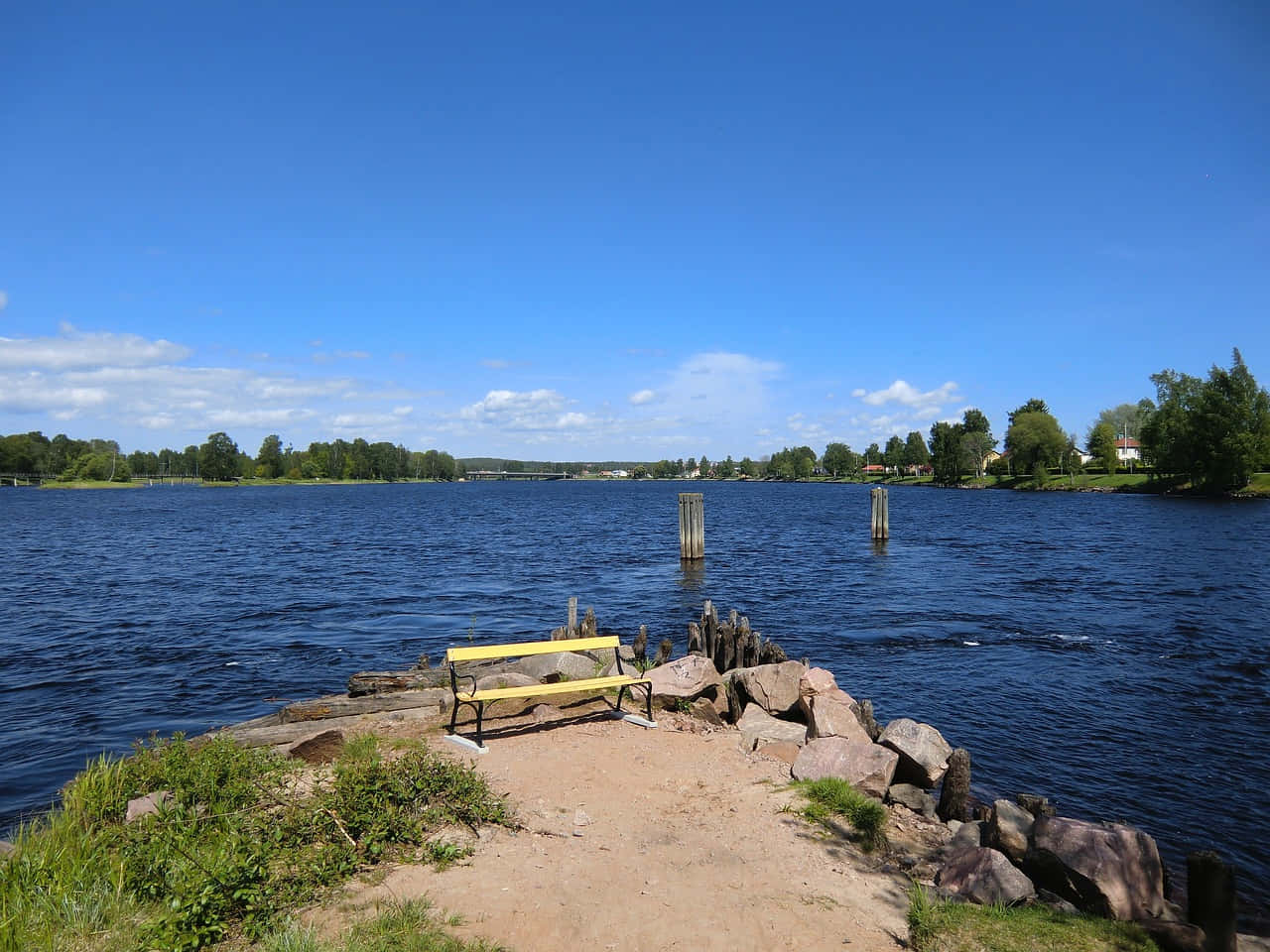 Karlstad, Sweden, summer sunset, bright yellow bench, HD Desktop Wallpaper