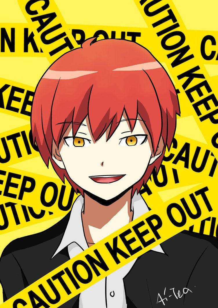 Karma Akabane, caution tape, red-haired, SD Phone Wallpaper