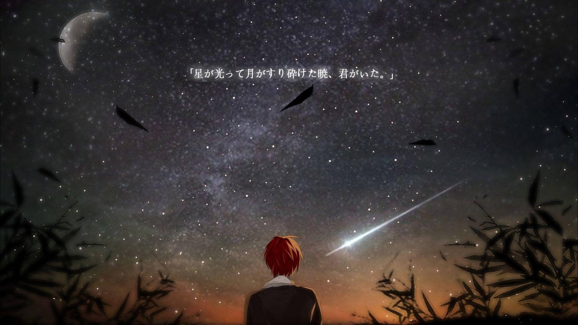 Karma Akabane, starry night sky, crescent moon, Full HD Desktop Wallpaper