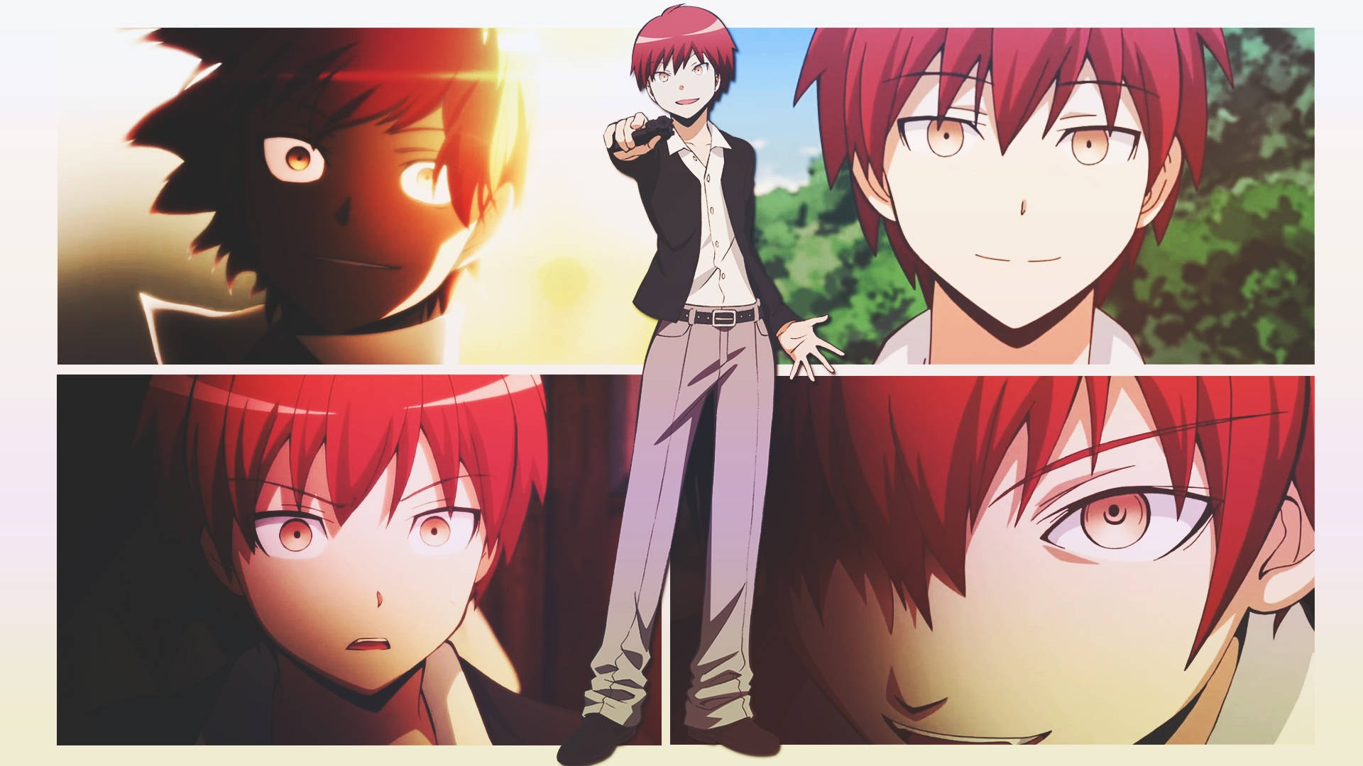 Karma Akabane, red-haired male character, anime collage, Full HD Desktop Wallpaper