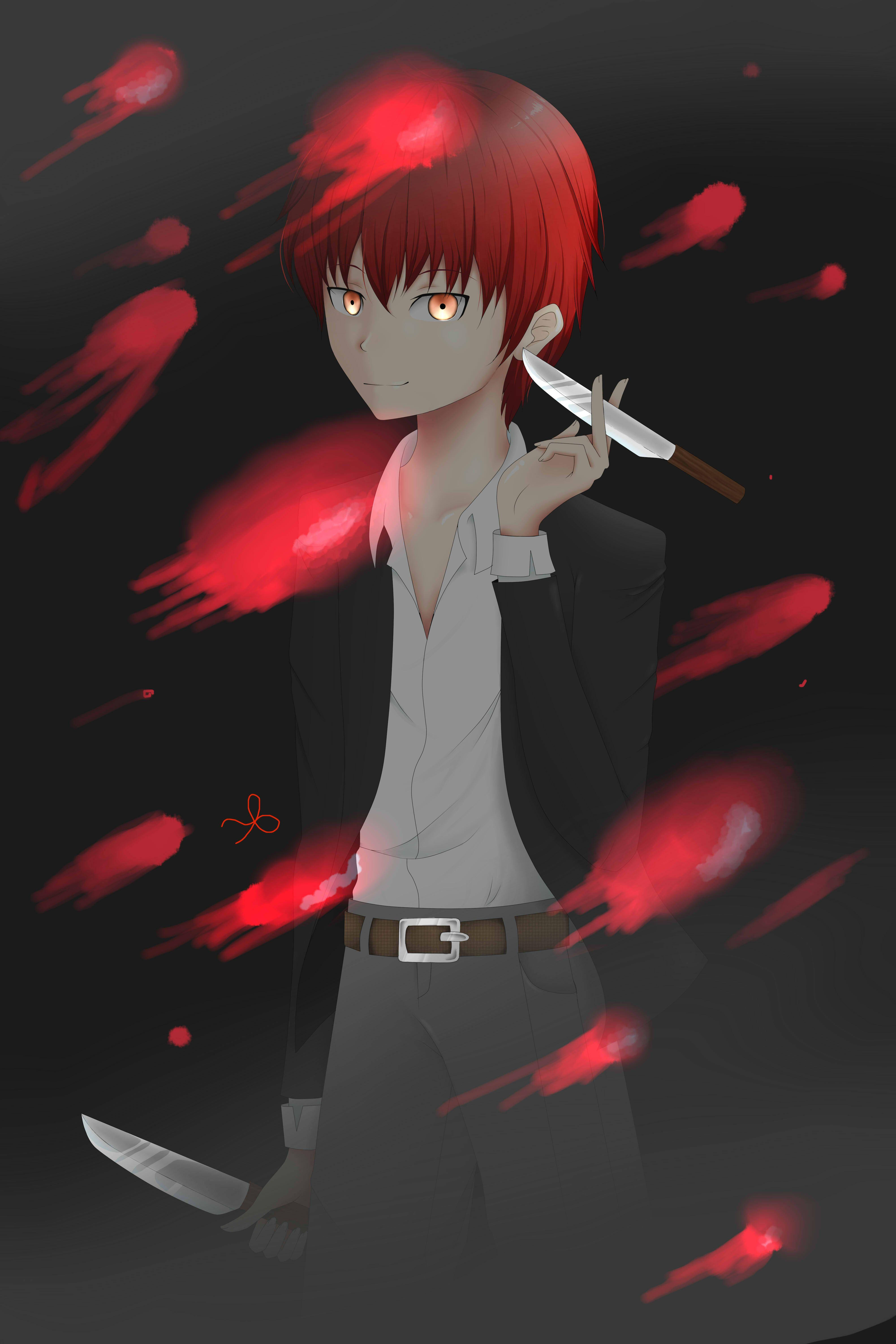 Karma Akabane, red-haired anime boy, glowing eyes, 5K Phone Wallpaper