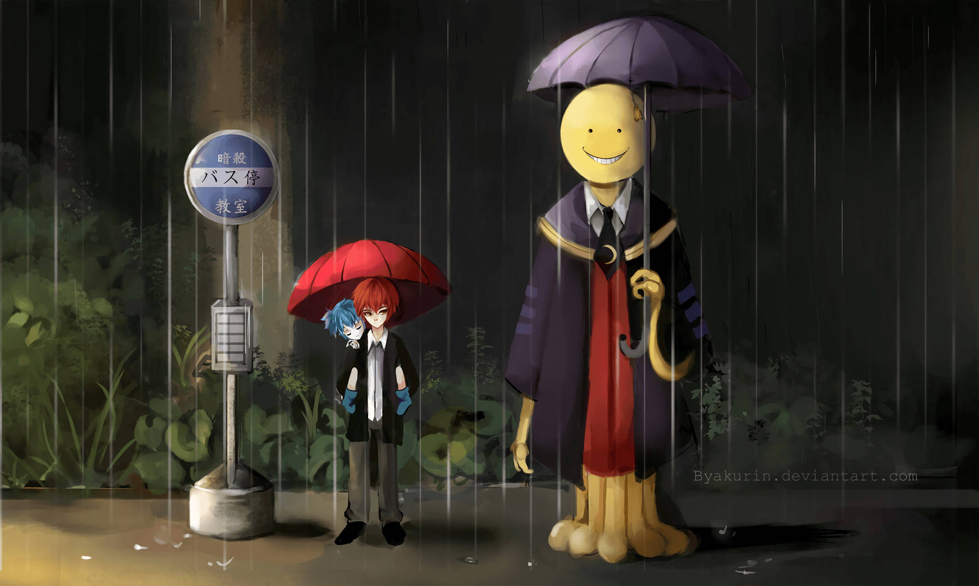 Karma Akabane, rain, bus stop, Full HD Desktop Wallpaper