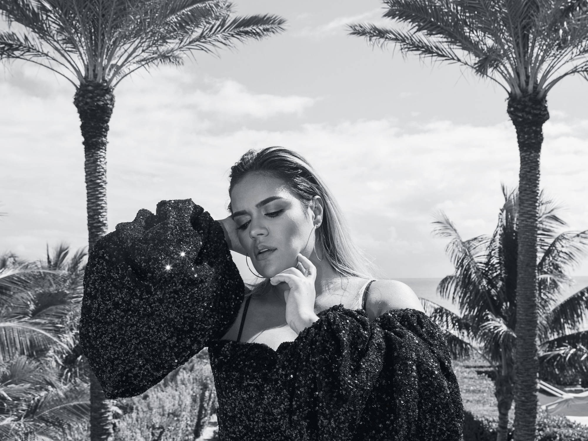 Karol G, black dress, glittering, Full HD Desktop Wallpaper