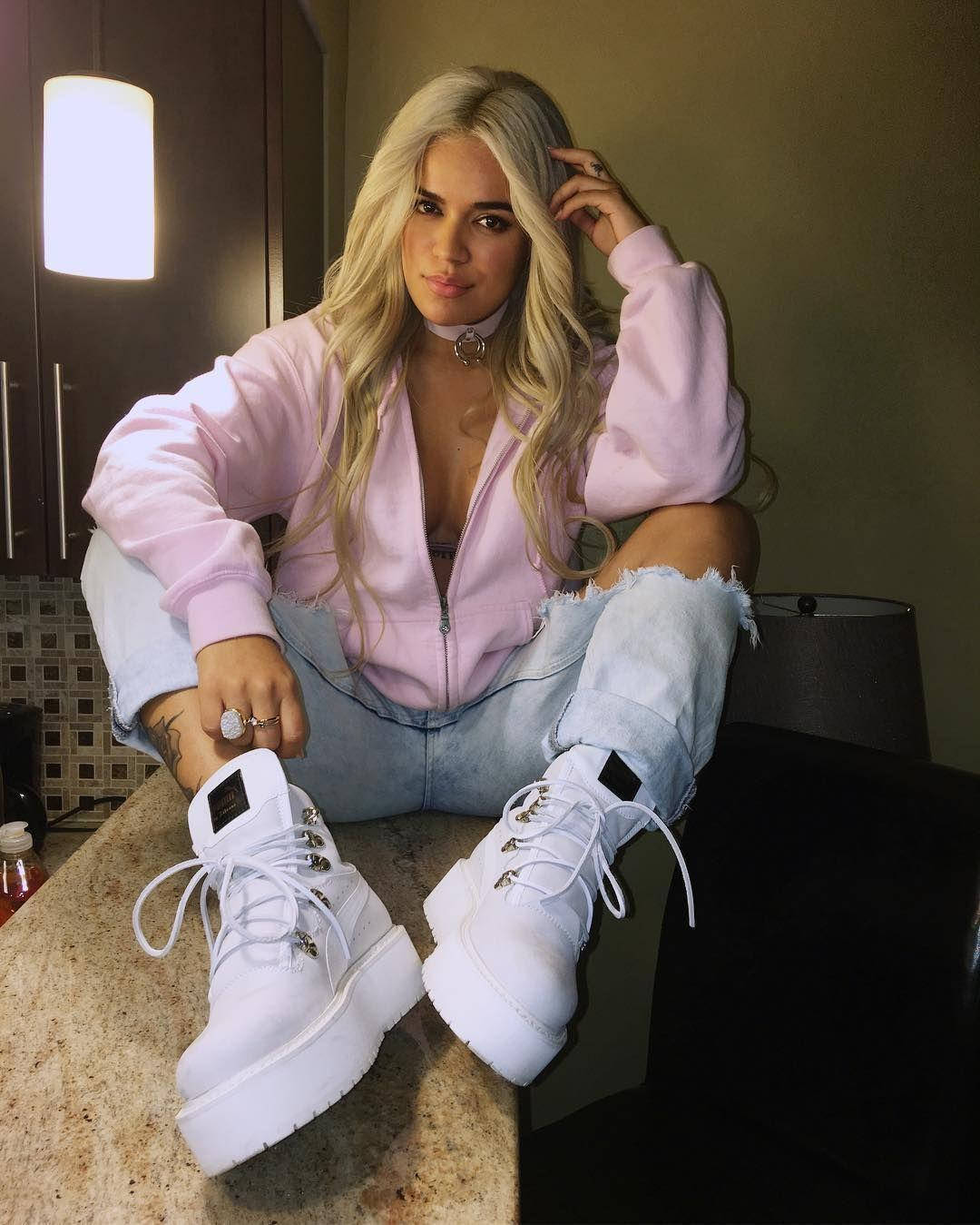 Karol G, Puma shoes, pink hoodie, HD Phone Wallpaper