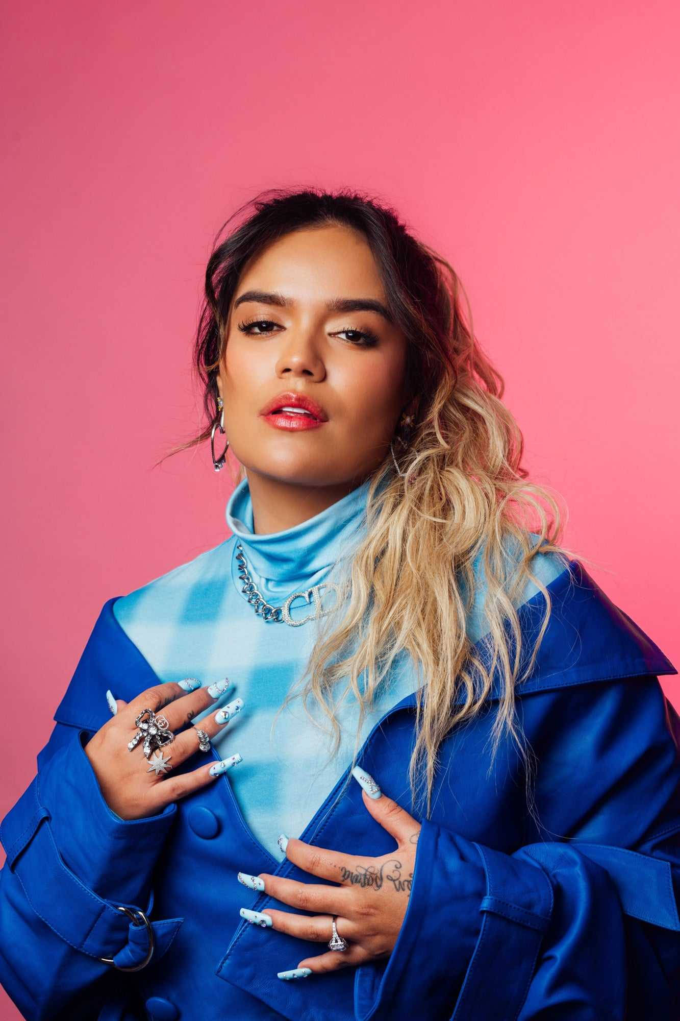 Karol G, BuzzFeed Celeb, blue coat, Full HD Phone Wallpaper