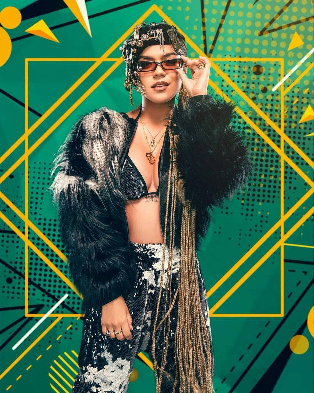 Karol G, black feathered jacket, sequined pants, HD Phone Wallpaper