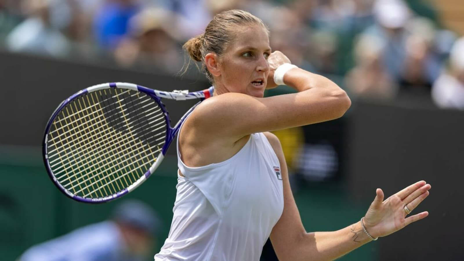 Karolina Pliskova, white athletic gear, racket, HD Desktop Wallpaper