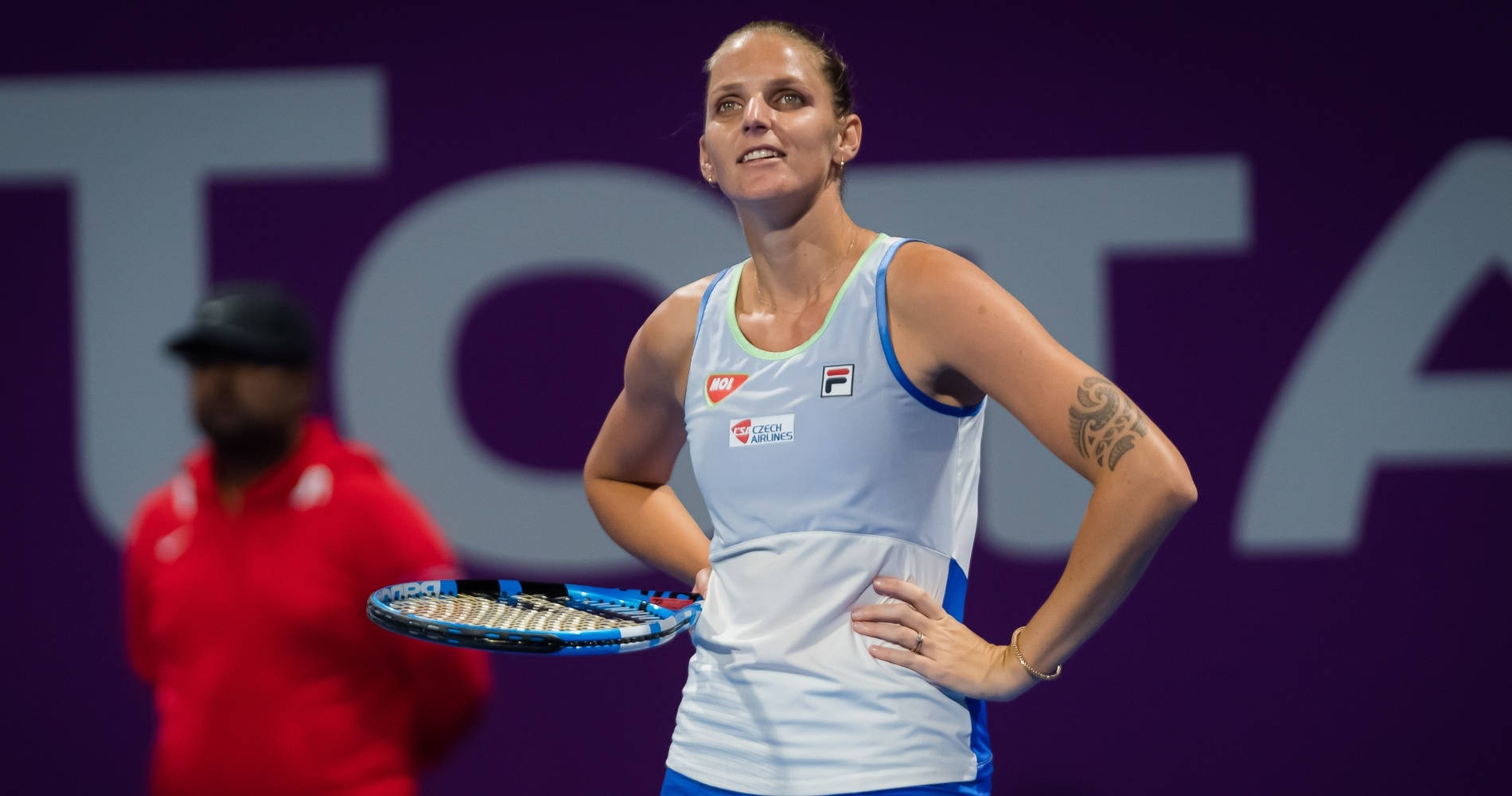 Karolina Pliskova, white and blue outfit, racket, HD Desktop Wallpaper