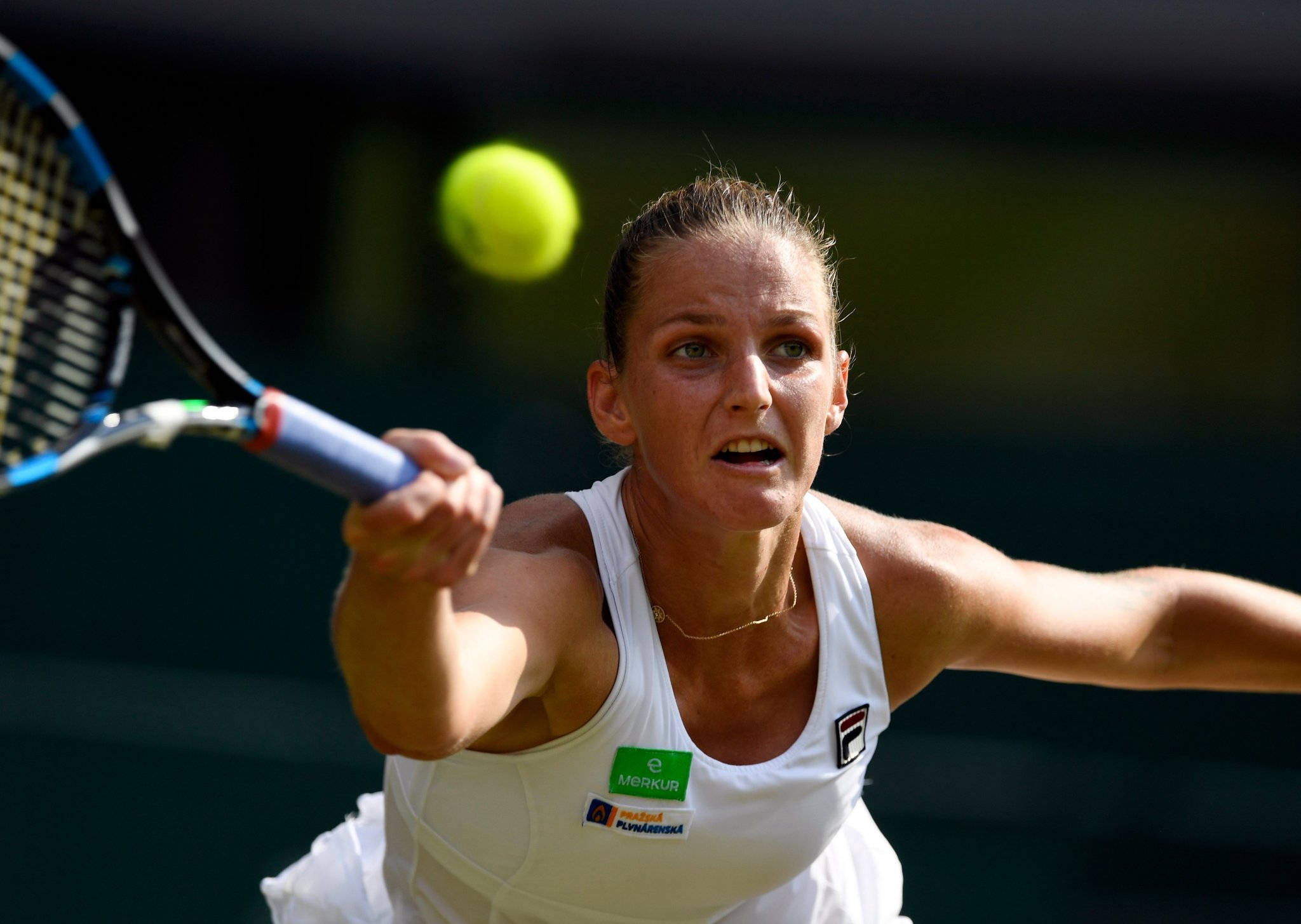 Karolina Pliskova, white gear, bright yellow tennis ball, Full HD Desktop Wallpaper
