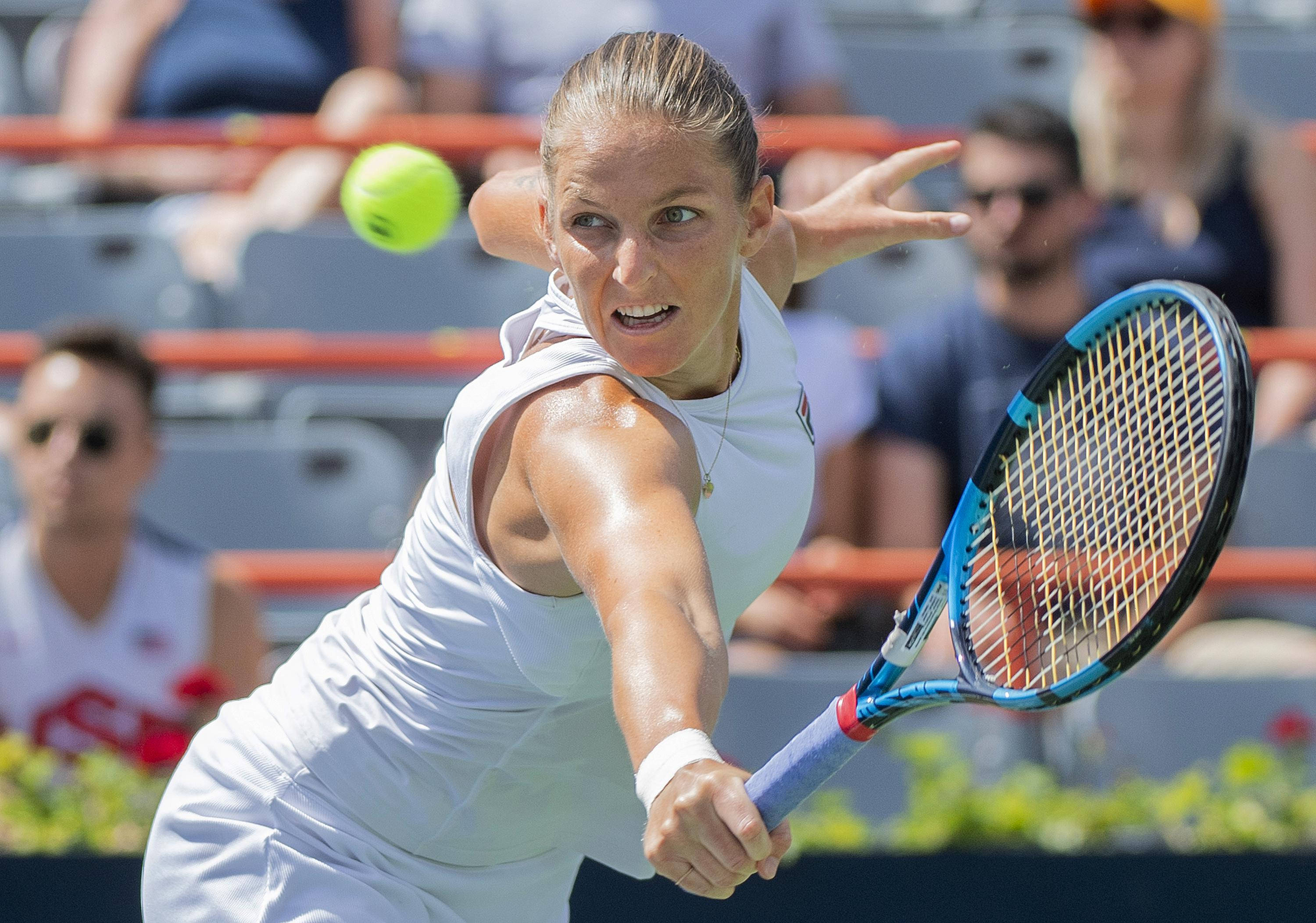 Karolina Pliskova, white gear, bright yellow ball, 2K Desktop Wallpaper