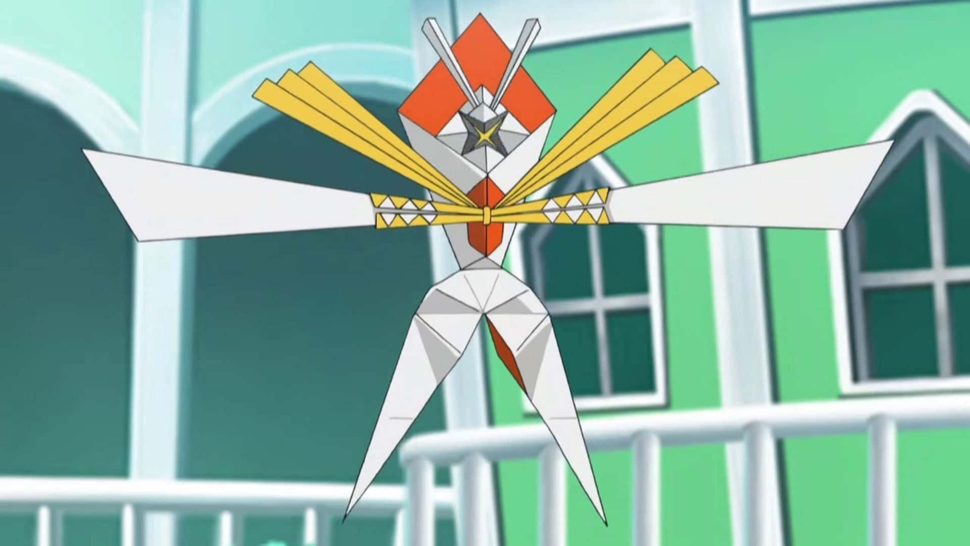 Kartana, green background, origami-inspired anime character, Full HD Desktop Wallpaper
