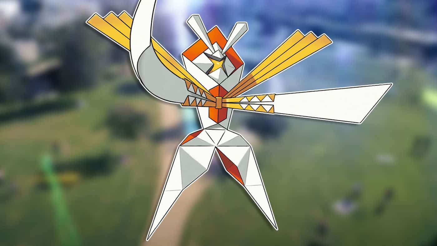 Kartana, white orange and yellow geometric wings, blurred green landscape, HD Desktop Wallpaper