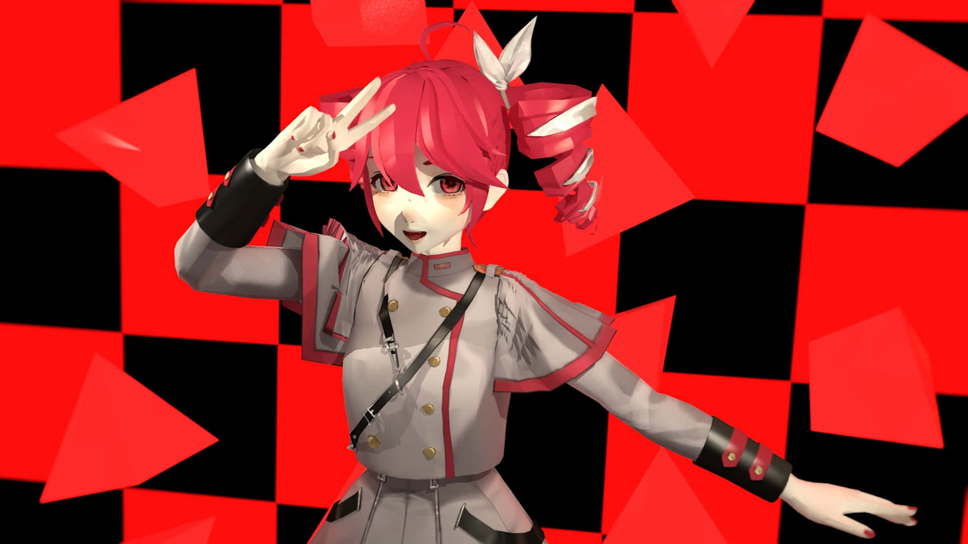Kasane Teto, red-haired anime girl, gray uniform with red trim, Full HD Desktop Wallpaper