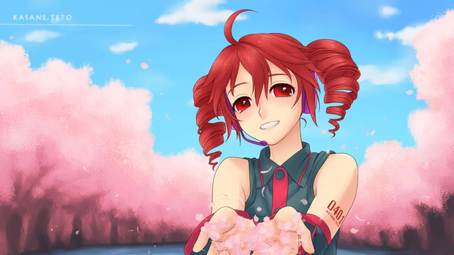 Kasane Teto, cherry blossom scene, red-haired anime girl, Full HD Desktop Wallpaper