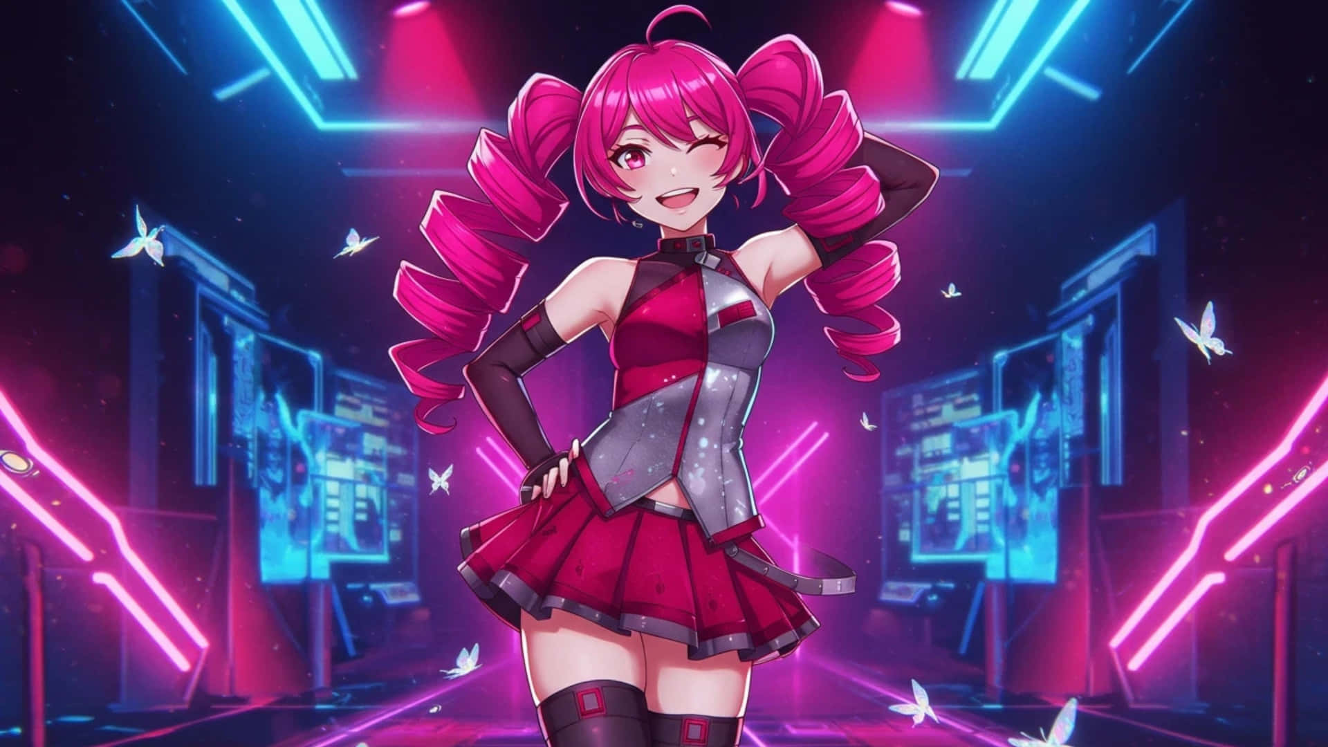 Kasane Teto, pink pigtails, red outfit, Full HD Desktop Wallpaper