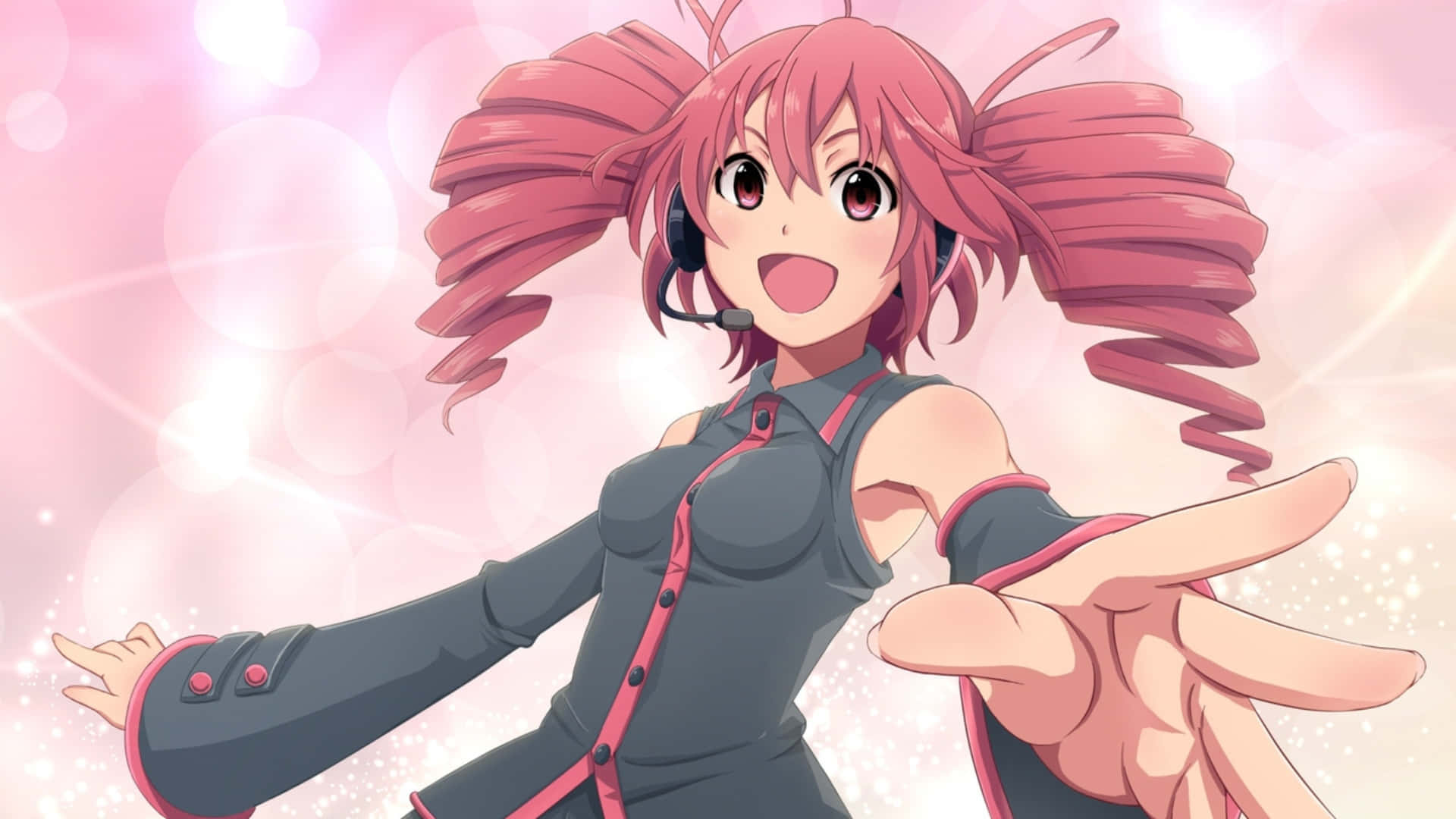 Kasane Teto, pink-haired anime girl, dark grey outfit with pink accents, Full HD Desktop Wallpaper