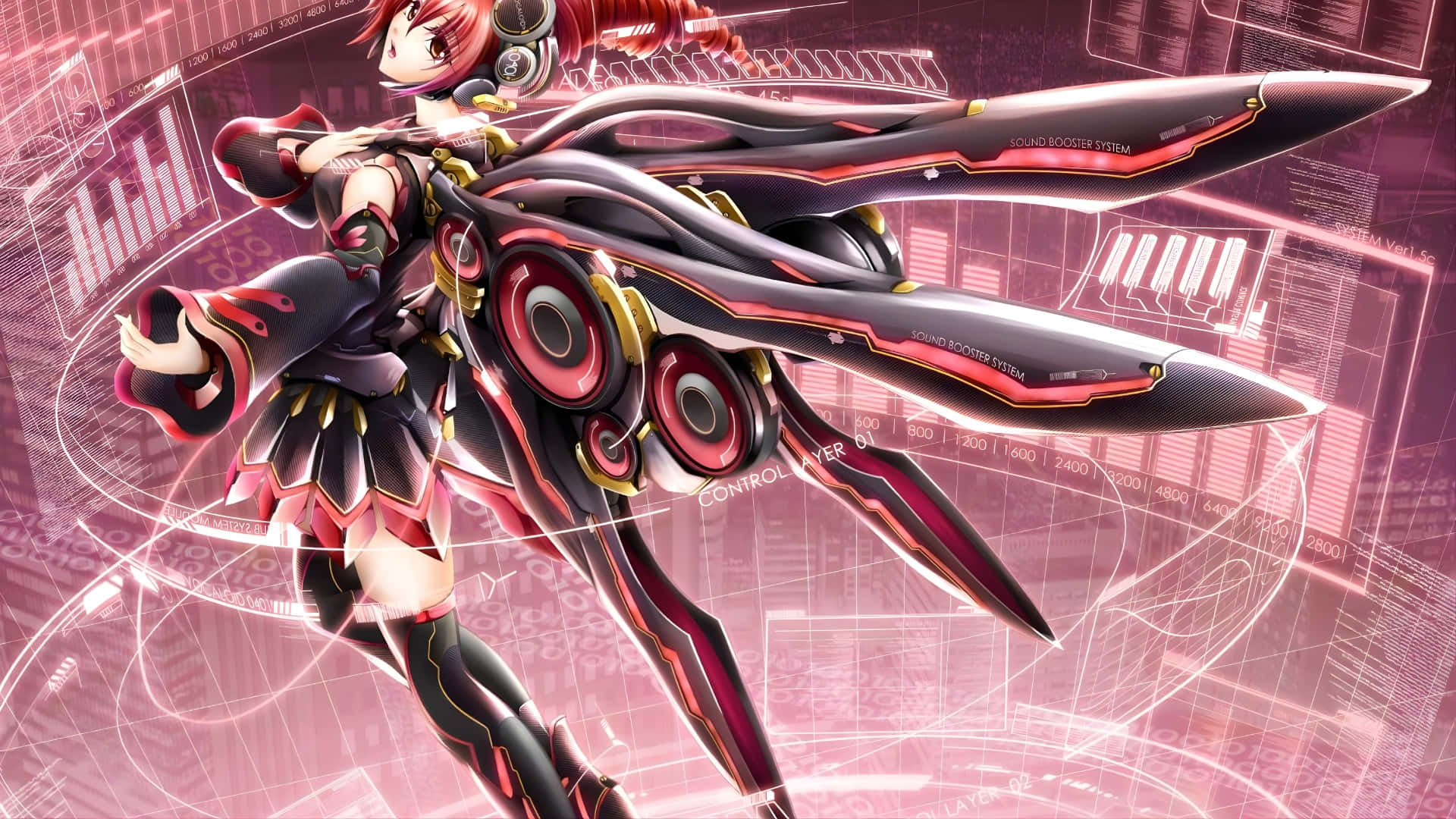 Kasane Teto, red-haired anime girl, black and red cybernetic gear, Full HD Desktop Wallpaper