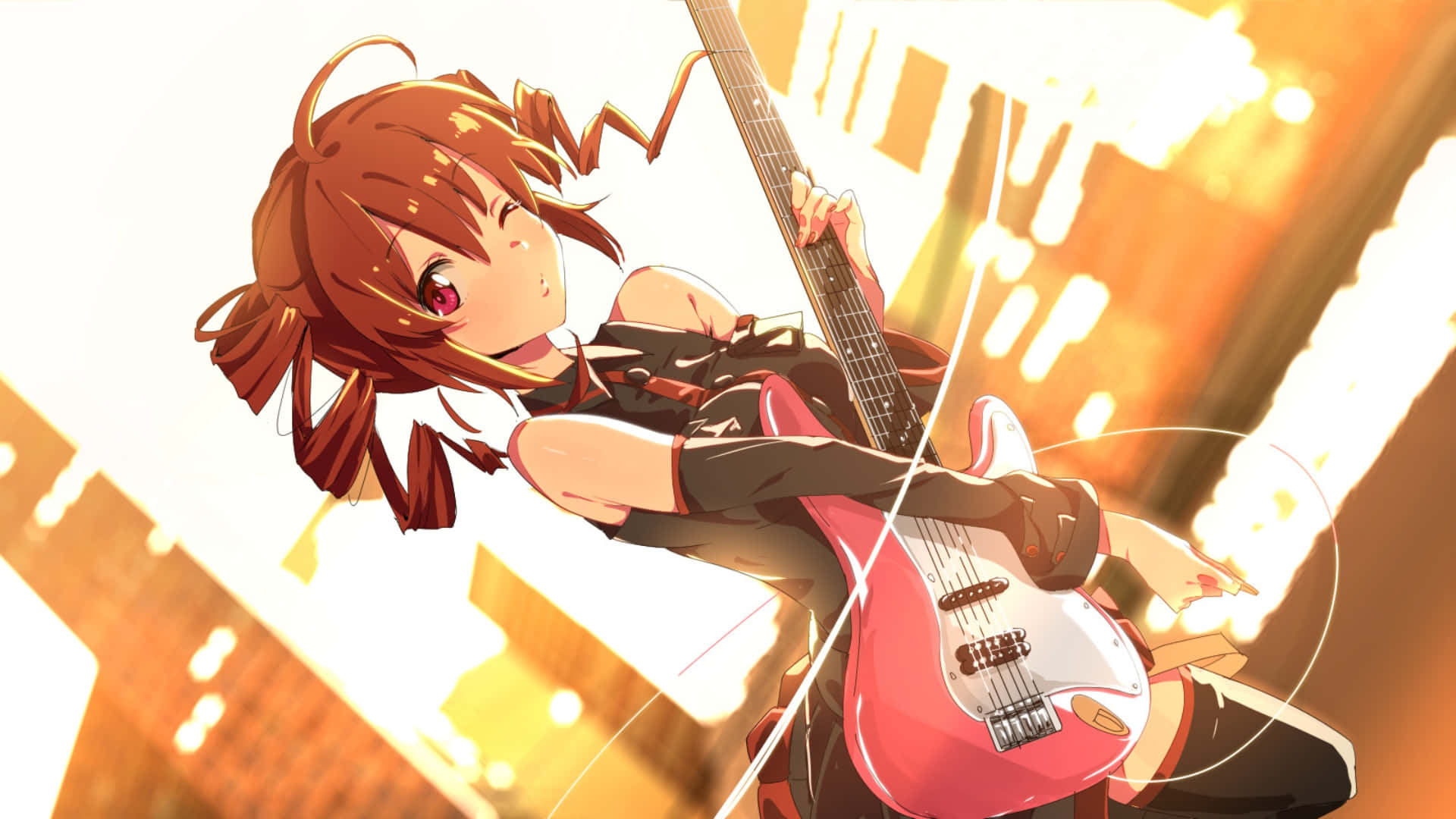 Kasane Teto, pink electric bass guitar, brown pigtails, Full HD Desktop Wallpaper