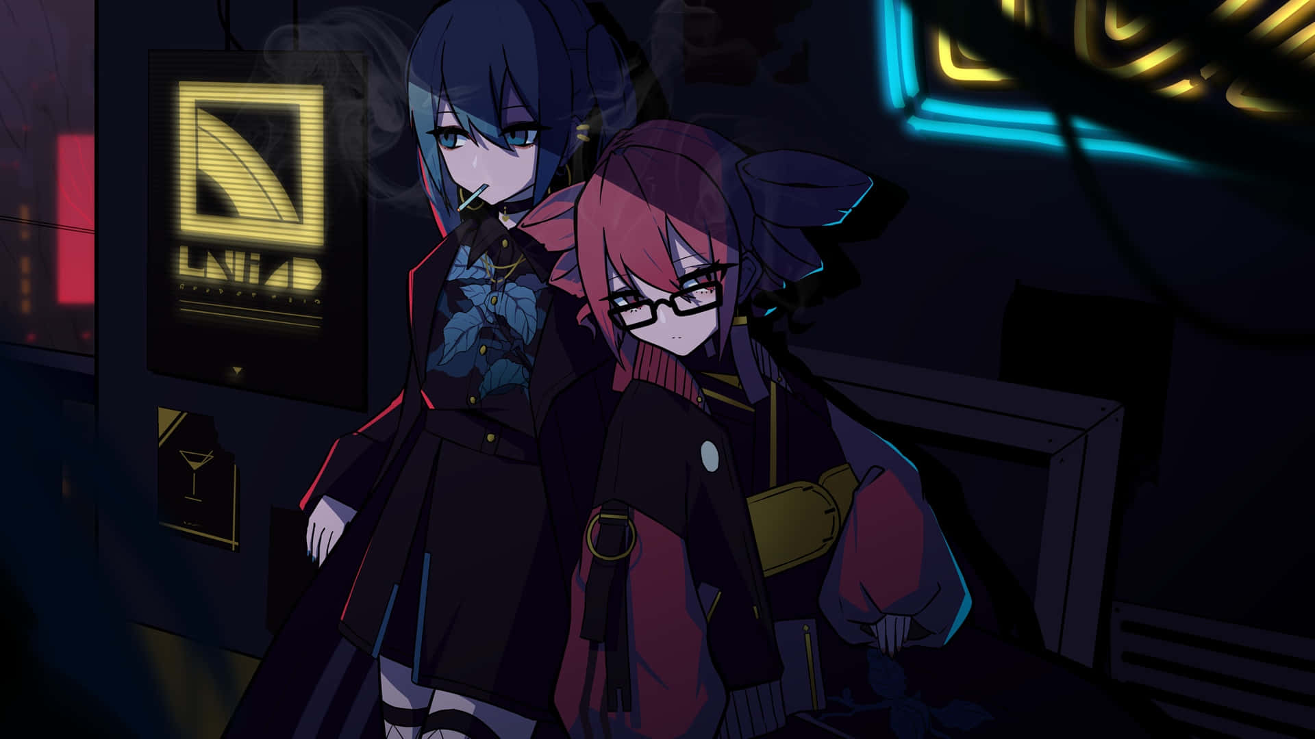 Kasane Teto, neon-lit bar, glowing signs, Full HD Desktop Wallpaper