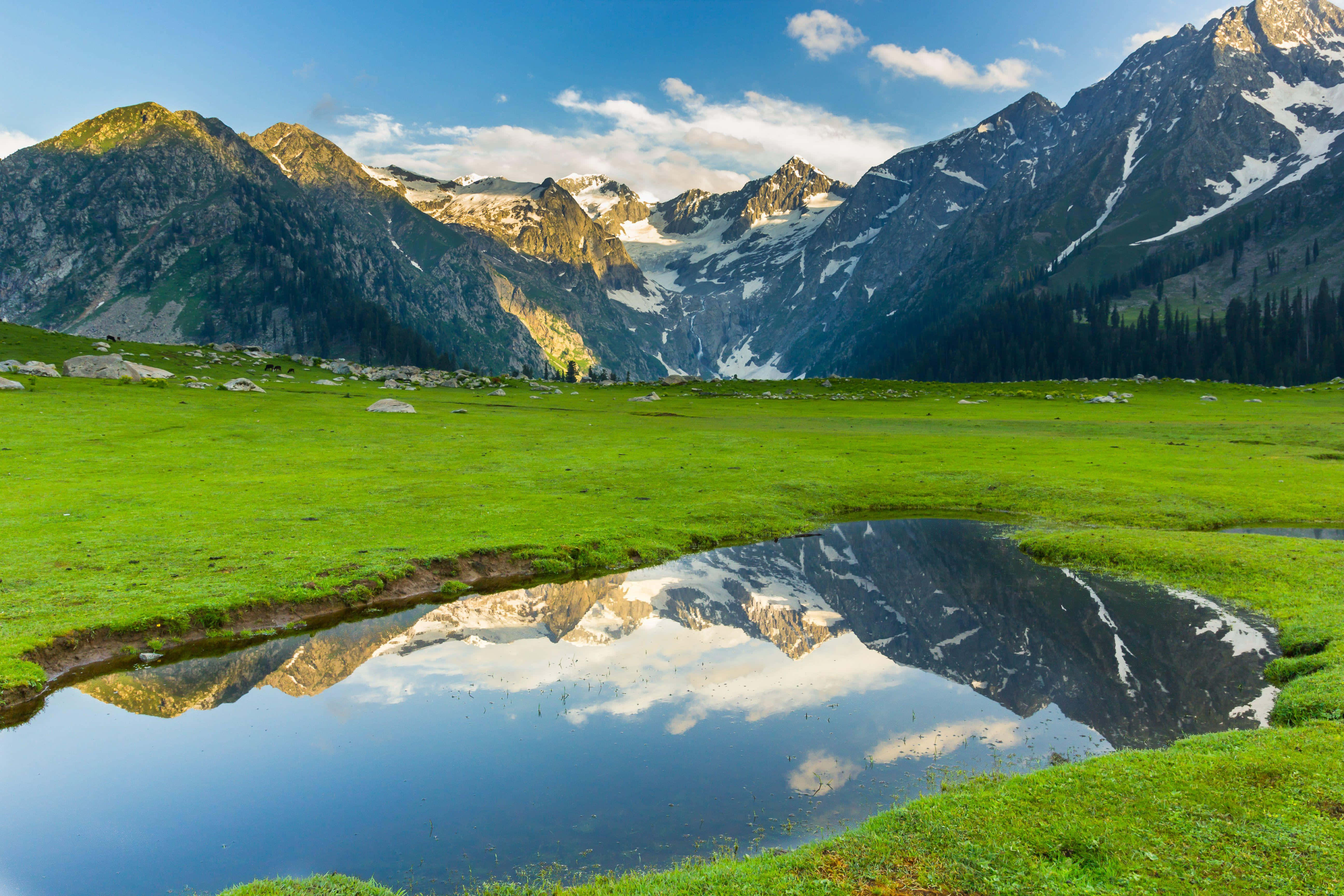 Kashmir, mountain valley, reflection, 5K Desktop Wallpaper