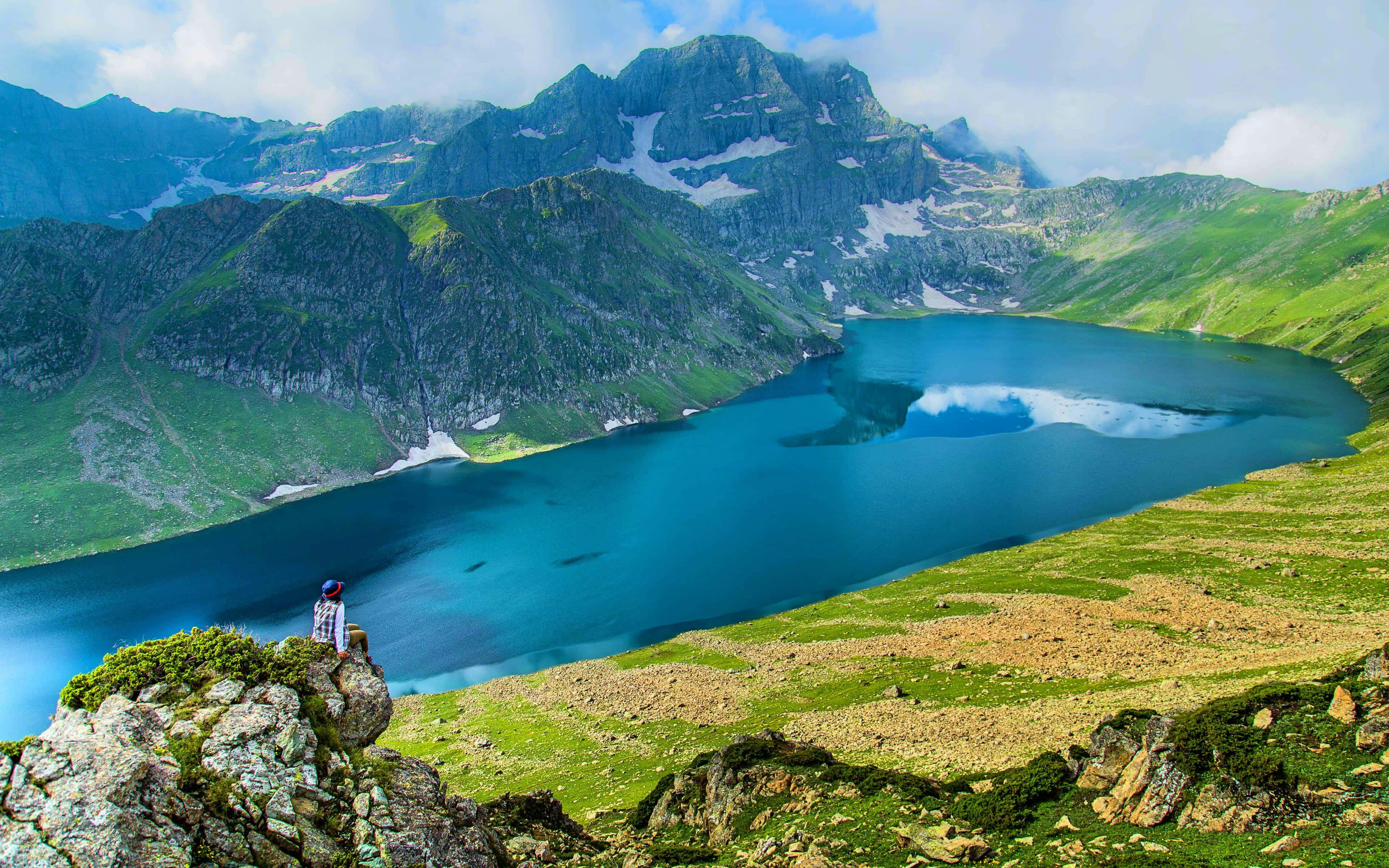 Kashmir, turquoise mountain lake, rocky cliff, 4K Desktop Wallpaper