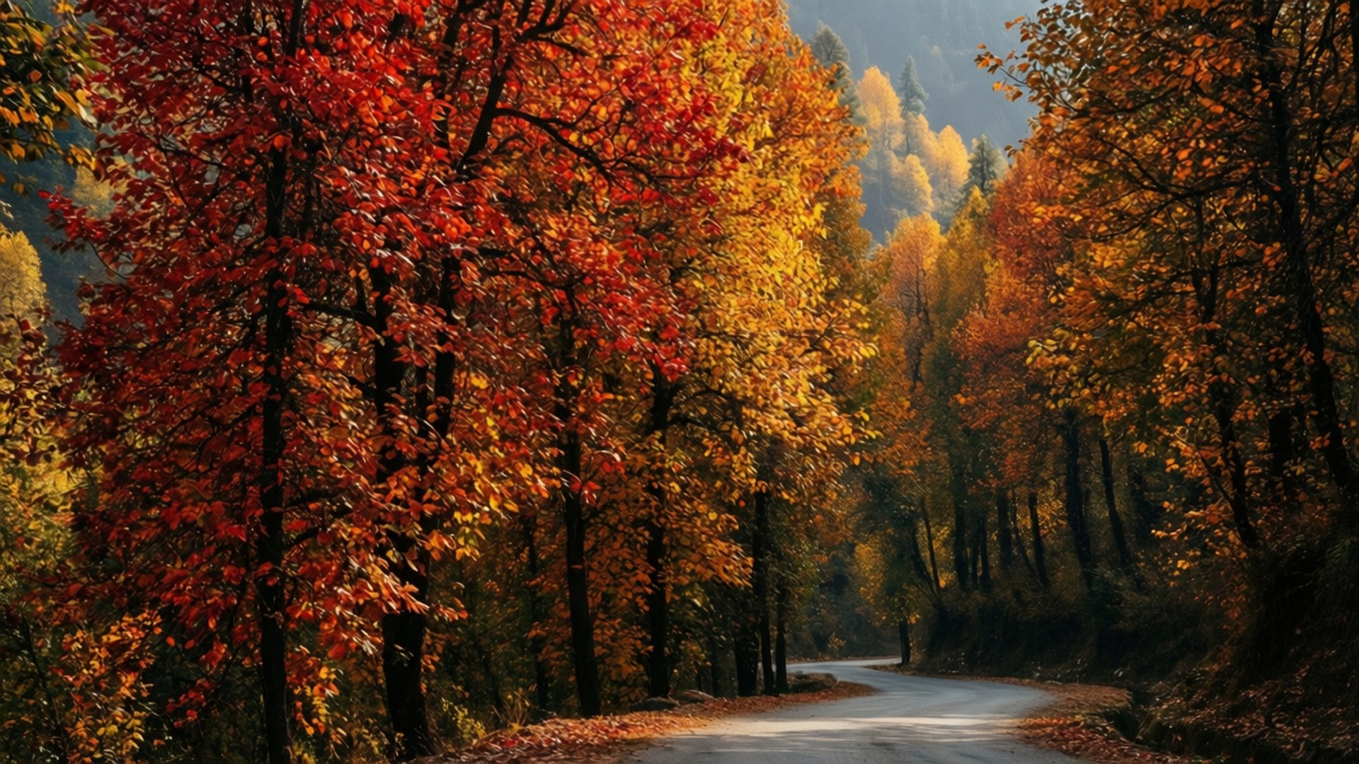 autumn colors of kashmir, winding road, forest, Full HD Desktop Wallpaper