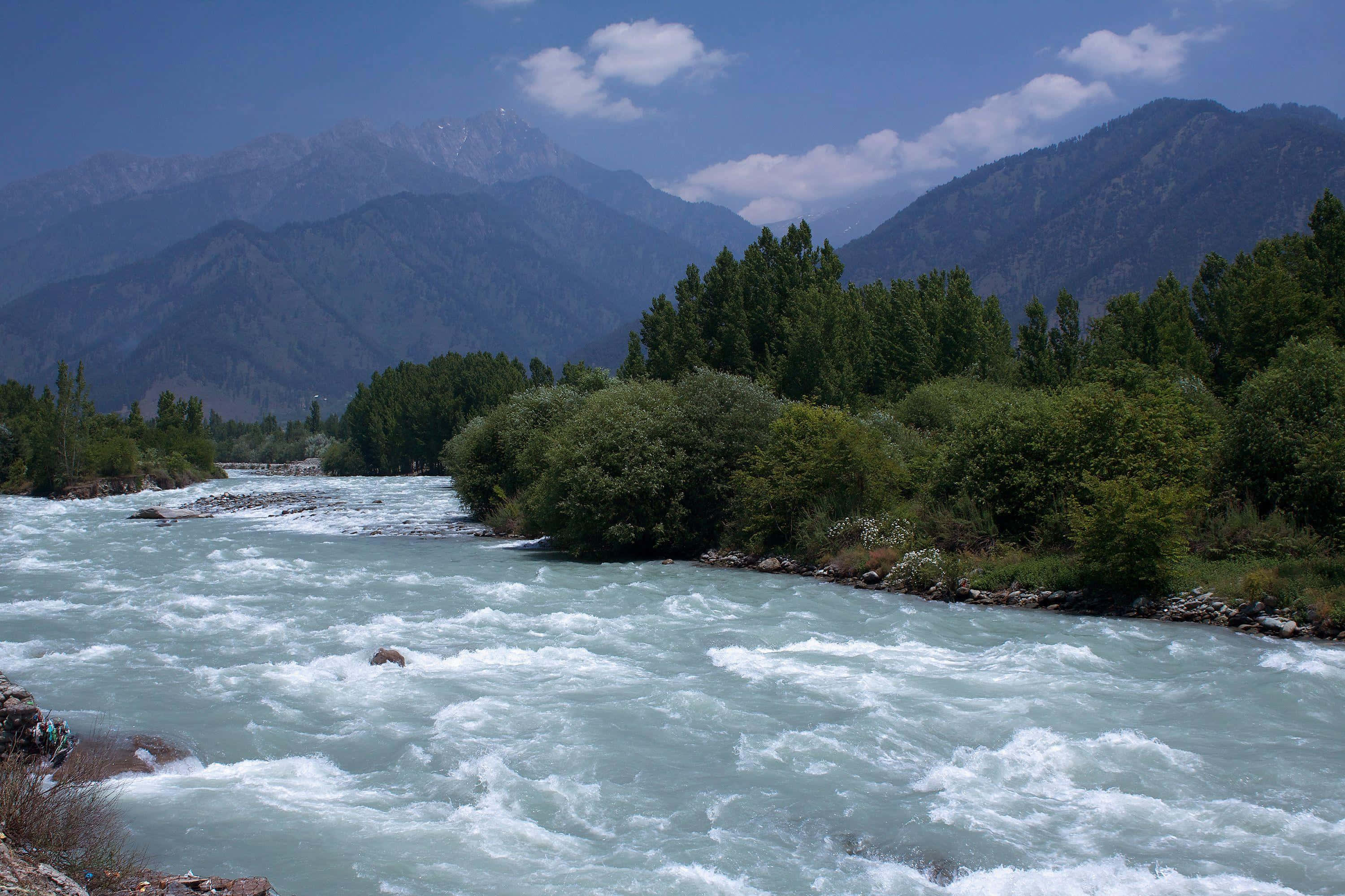 Kashmir, turquoise river, lush green forests, 2K Desktop Wallpaper