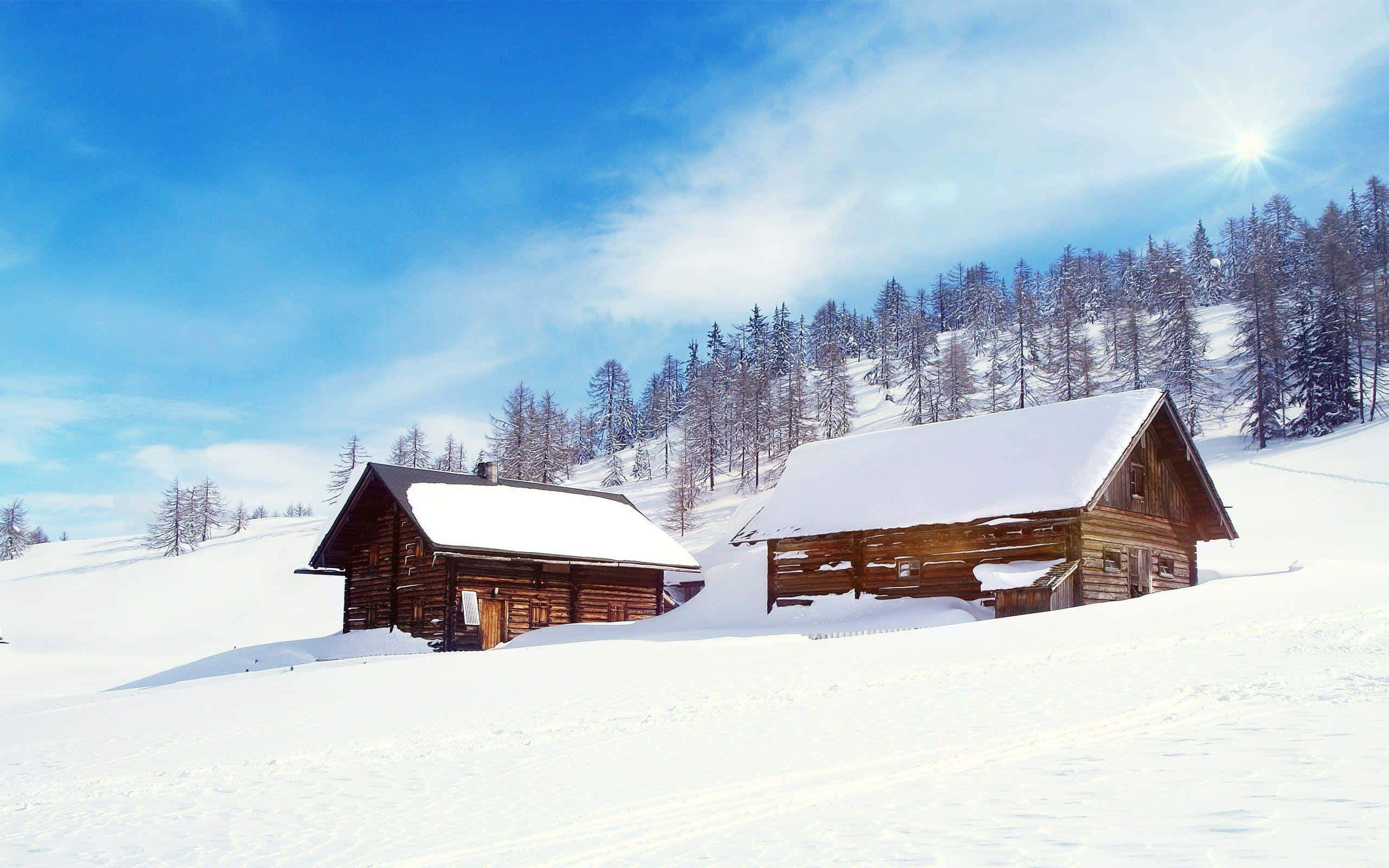 Kashmir, winter wonderland, rustic wooden cabins, 2K Desktop Wallpaper
