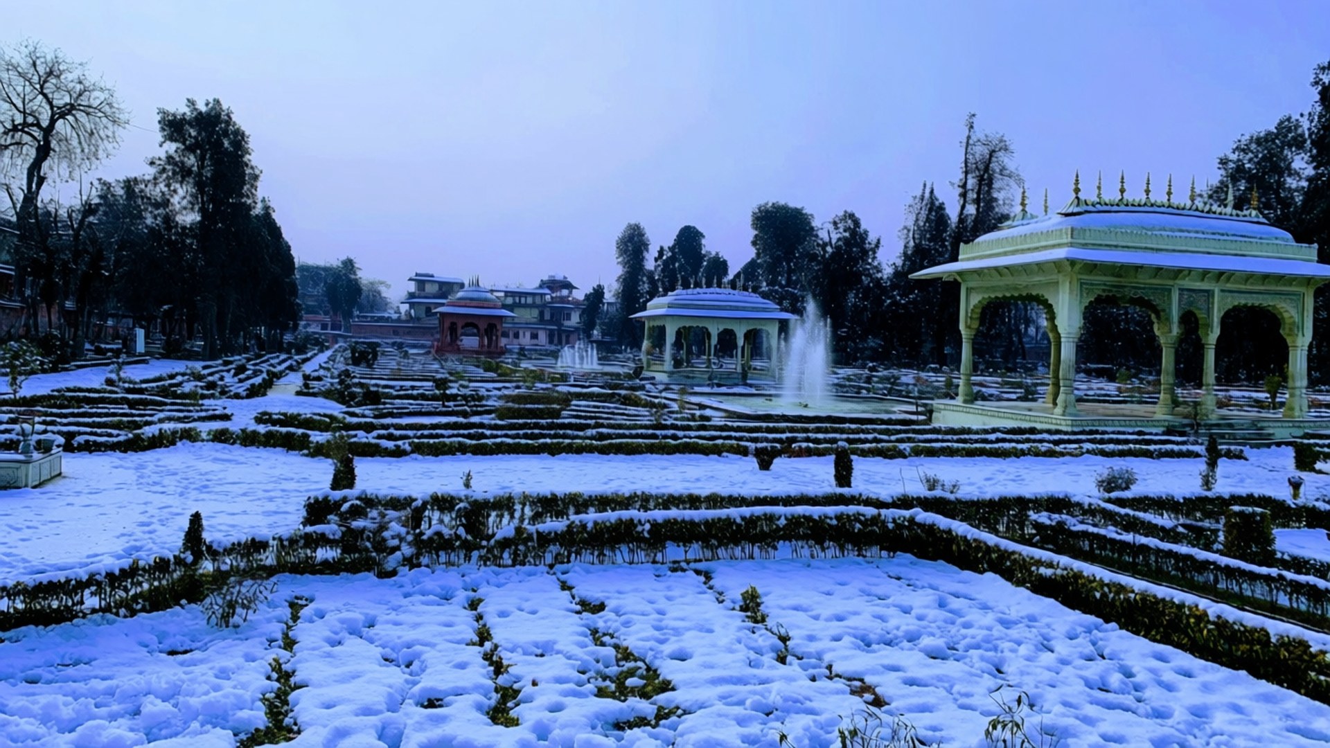 snowy mughal gardens, formal garden, ornate pavilions, Full HD Desktop Wallpaper