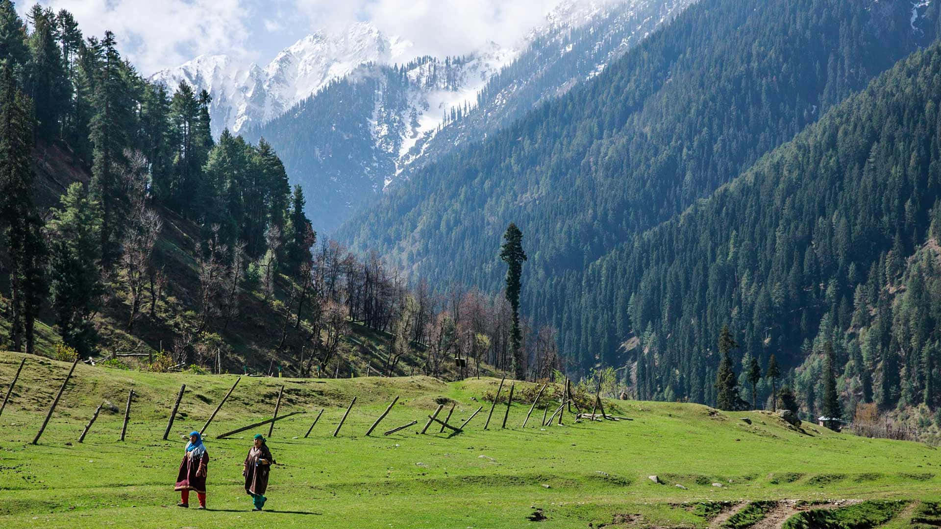 Kashmir, snow-capped mountains, green valley, Full HD Desktop Wallpaper