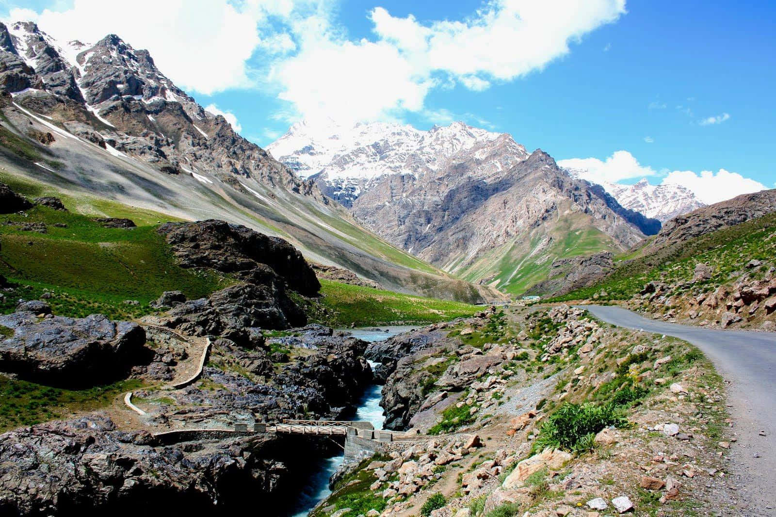 Kashmir, mountain road, rushing river, HD Desktop Wallpaper