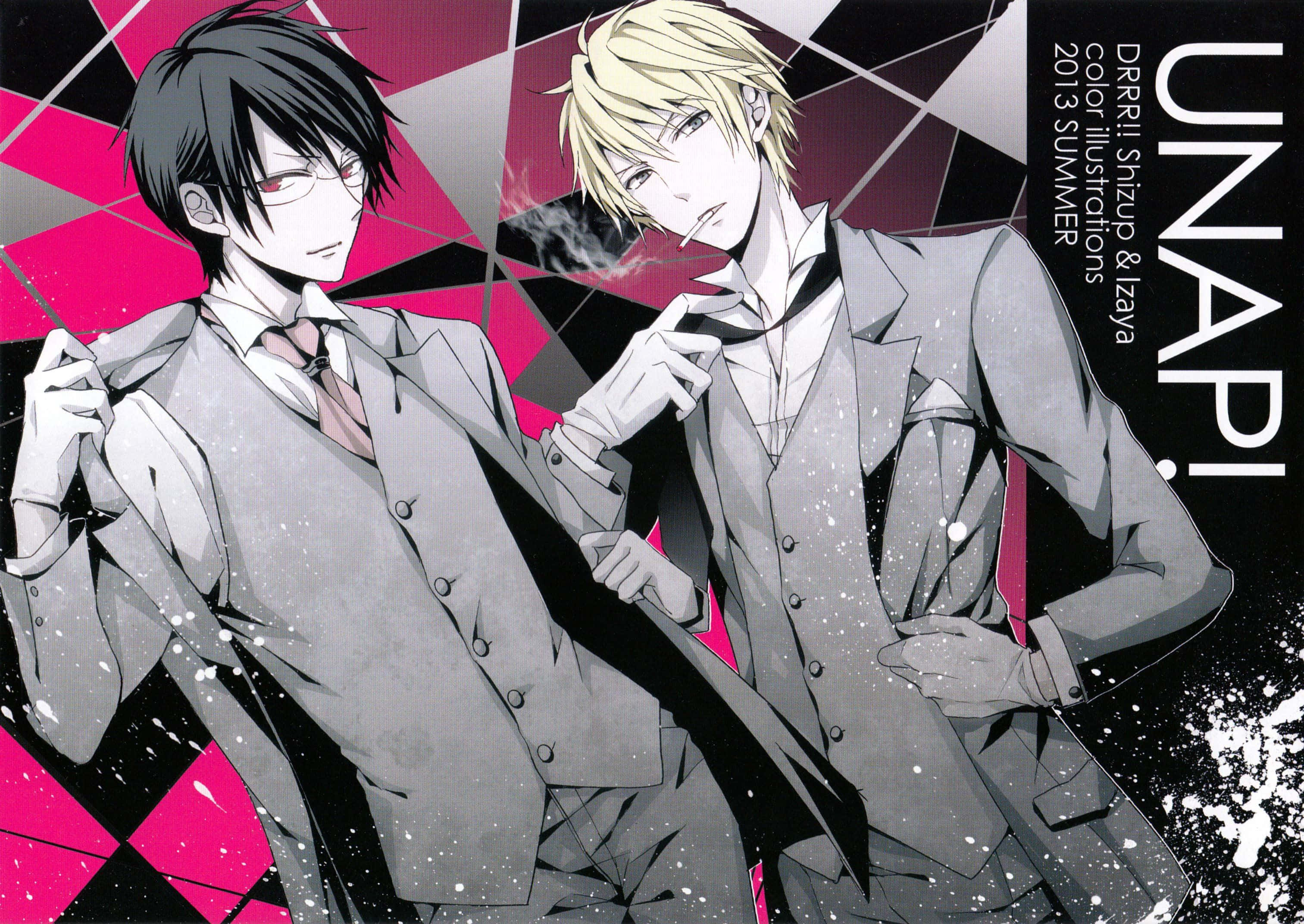 Kasuka Heiwajima, pink and black geometric background, smoke effects, 2K Desktop Wallpaper