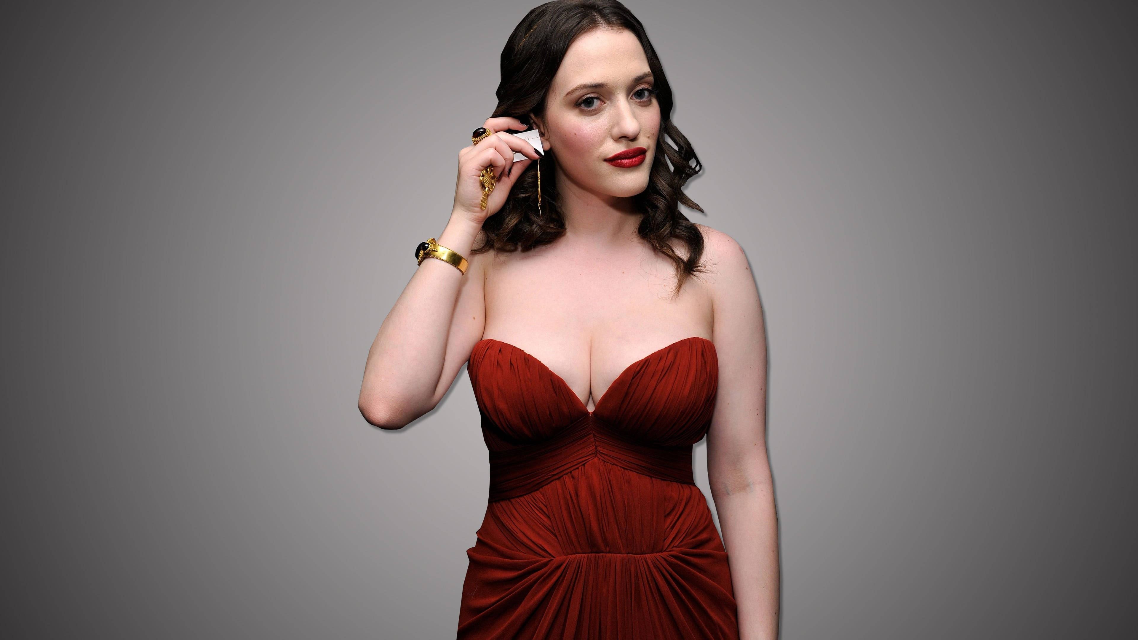 Kat Dennings, 64th Annual Primetime Emmy Awards, red strapless dress, 4K Desktop Wallpaper