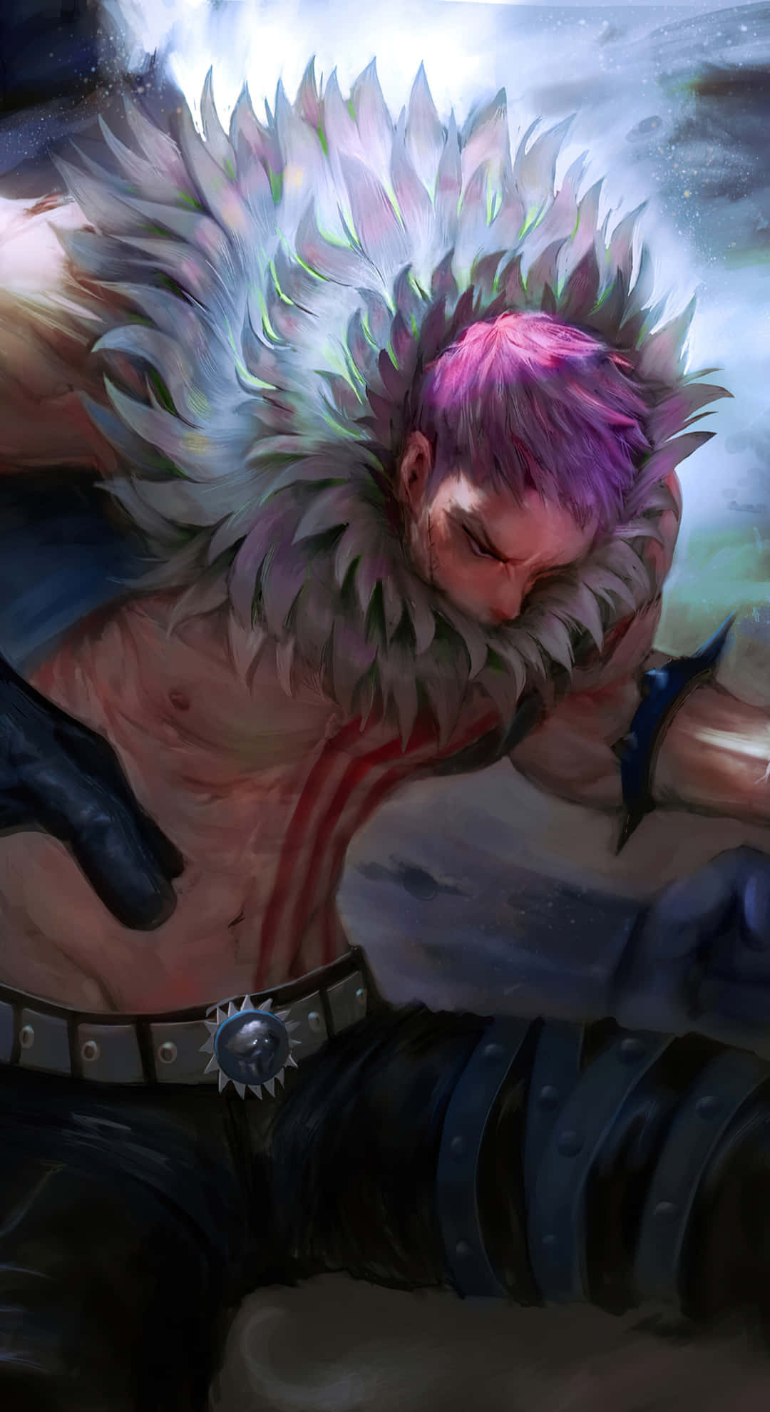 Katakuri, pink hair, large feathered collar, Full HD Phone Wallpaper
