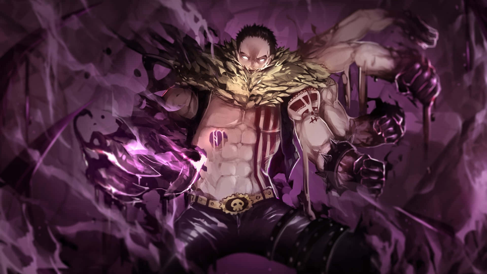 Katakuri, golden feathered shoulders, purple energy blasts, Full HD Desktop Wallpaper