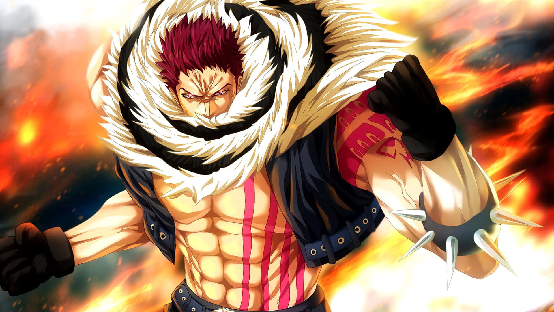 Katakuri, red hair, white fur coat, Full HD Desktop Wallpaper