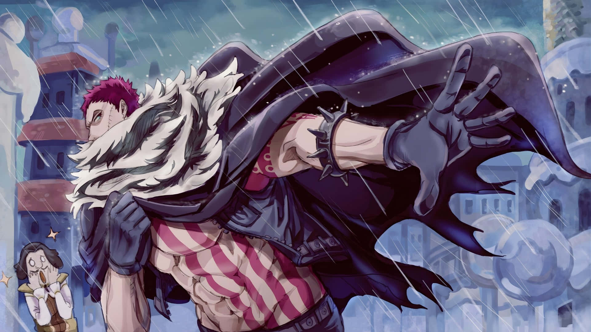 Katakuri, pink hair, white fur collar, Full HD Desktop Wallpaper