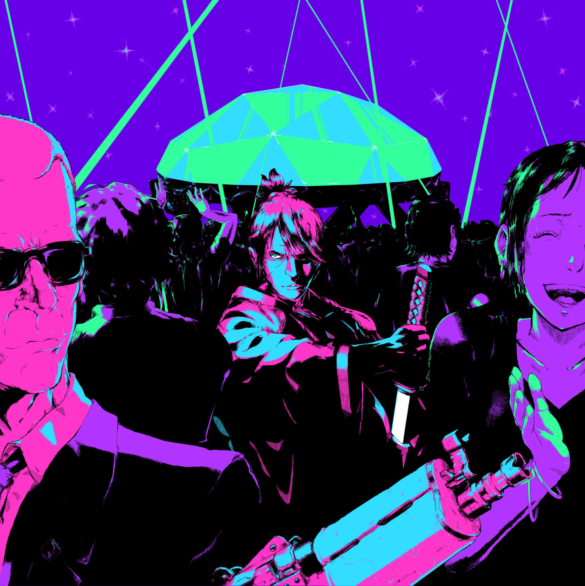 Katana Zero, neon-lit crowd, glowing dome, Full HD Phone Wallpaper