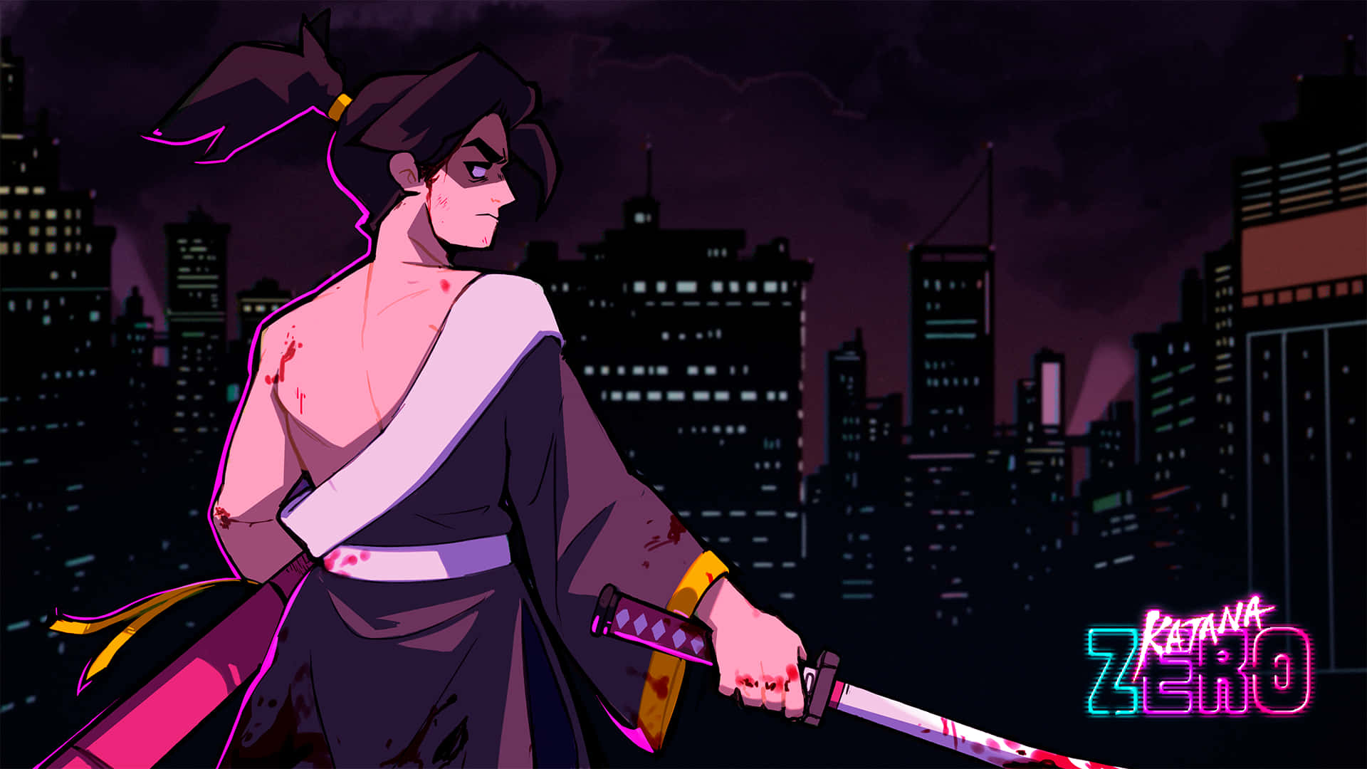 Katana Zero, neon-drenched cityscape, night, Full HD Desktop Wallpaper