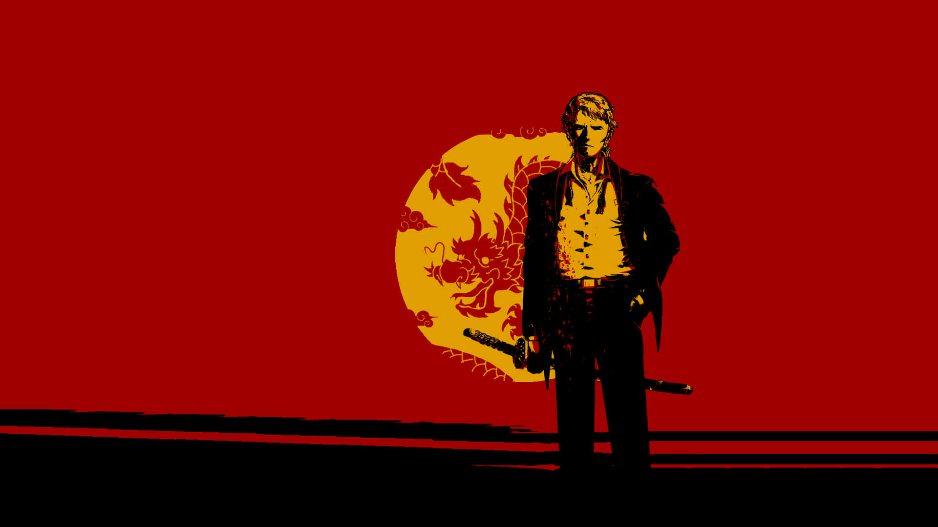 Katana Zero, golden dragon sun, fiery red backdrop, Full HD Desktop Wallpaper