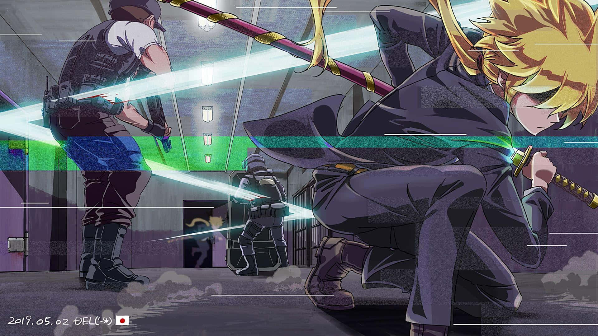 Katana Zero, golden-haired anime warrior, glowing sword, Full HD Desktop Wallpaper