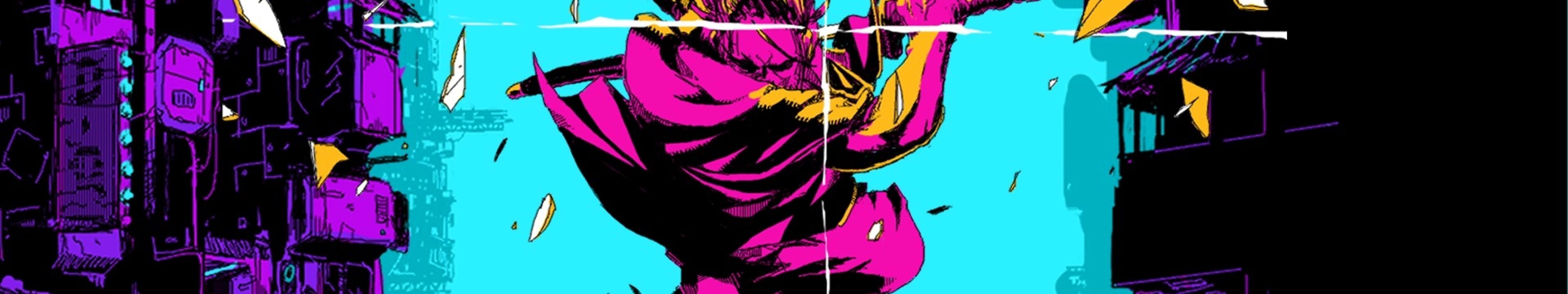 Katana Zero, magenta cloak, neon-drenched cyberpunk cityscape, 8K Desktop Wallpaper