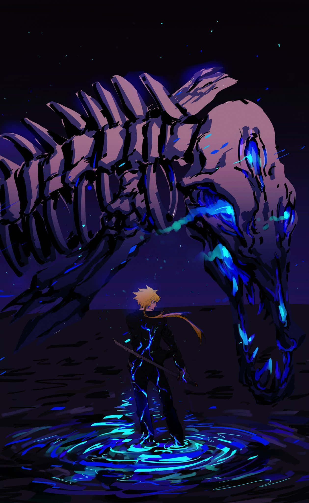 Katana Zero, lone warrior, glowing blue water, Full HD Phone Wallpaper