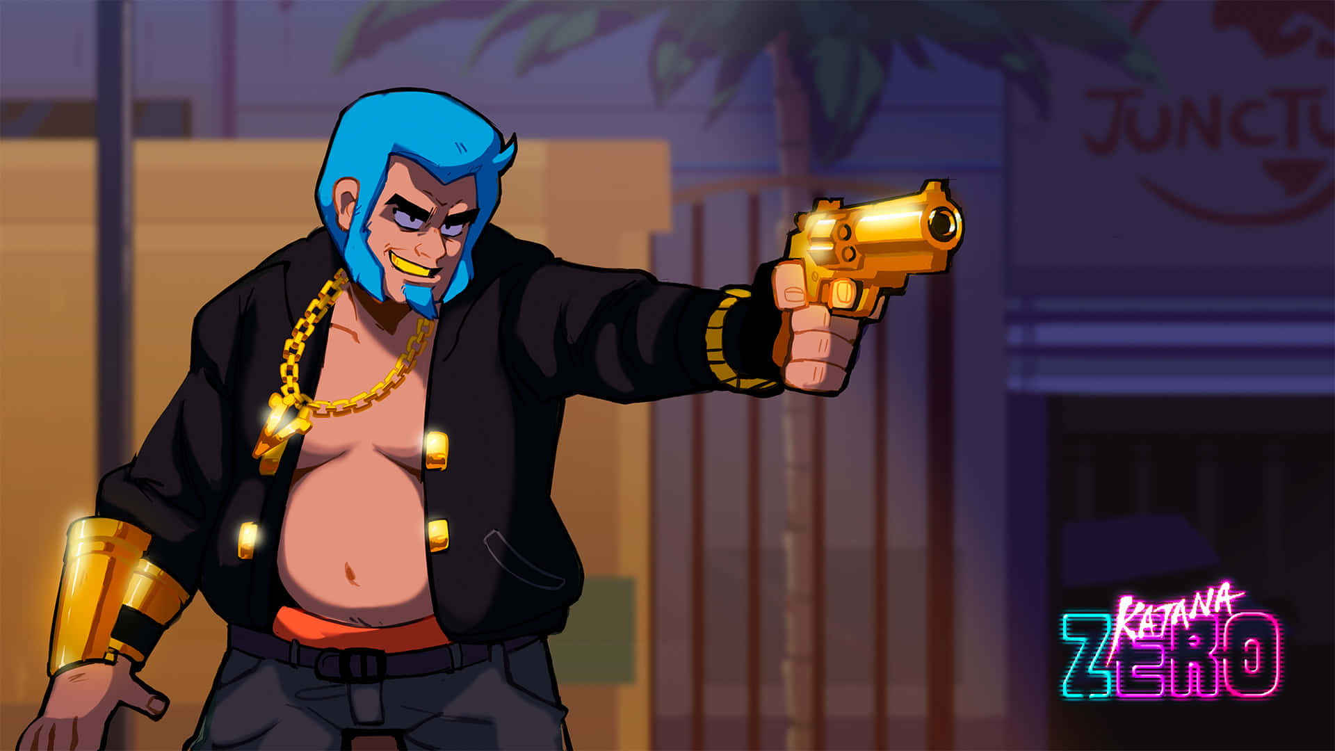 Katana Zero, blue-haired anime gangster, black jacket, Full HD Desktop Wallpaper