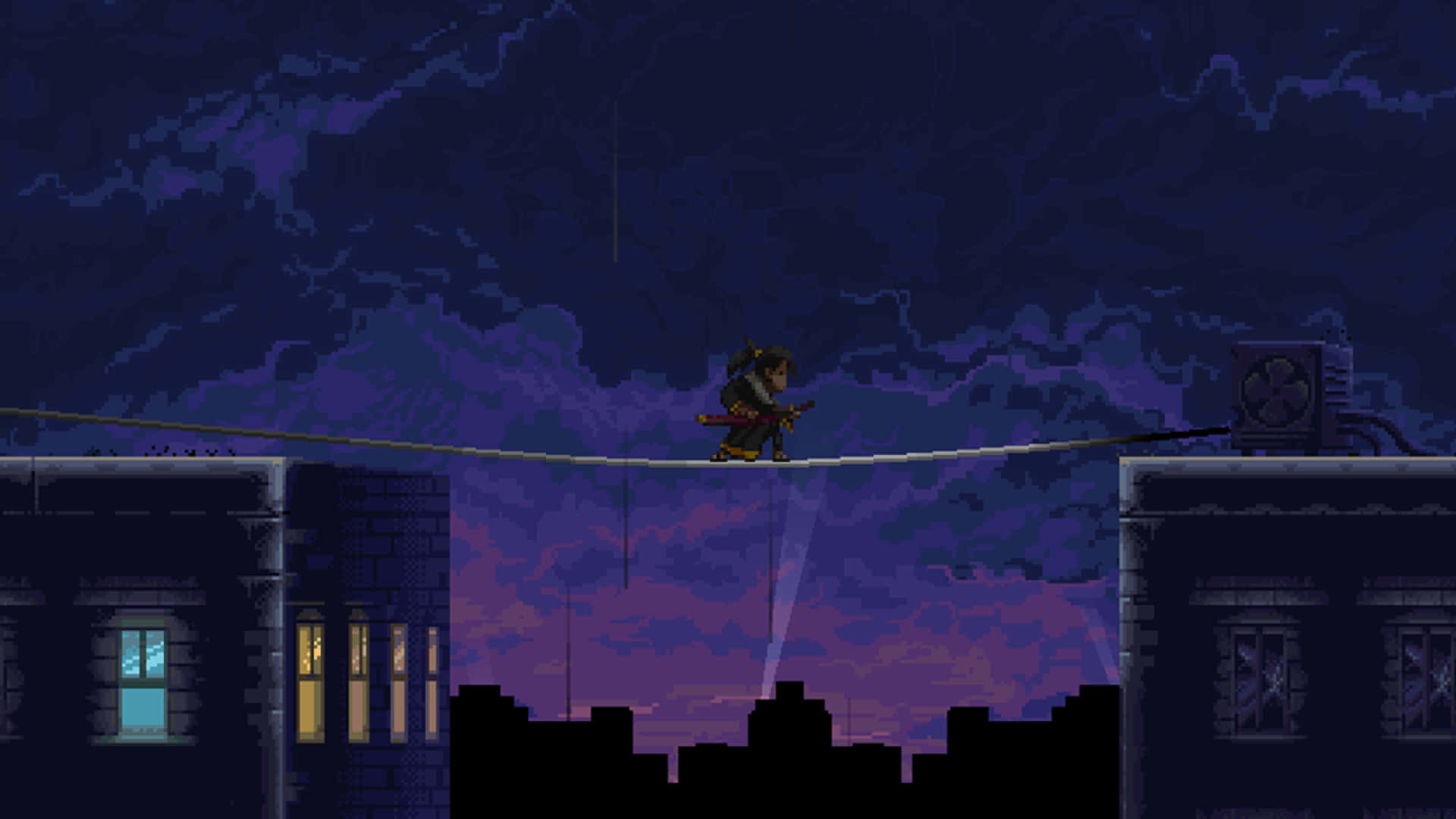 Katana Zero, pixel-art ninja, city rooftops, Full HD Desktop Wallpaper