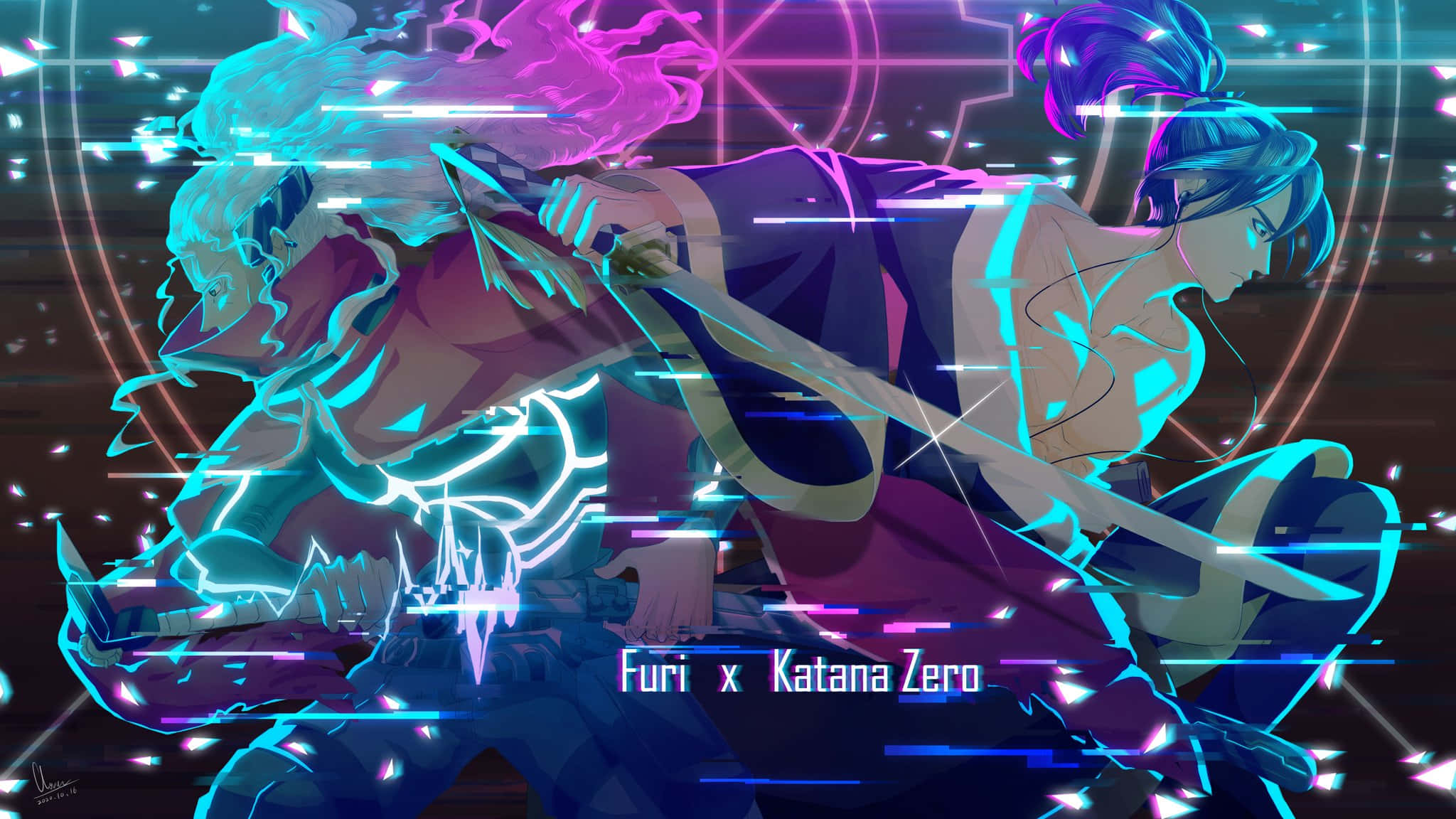 Katana Zero, neon-drenched digital arena, glowing cyan, Full HD Desktop Wallpaper
