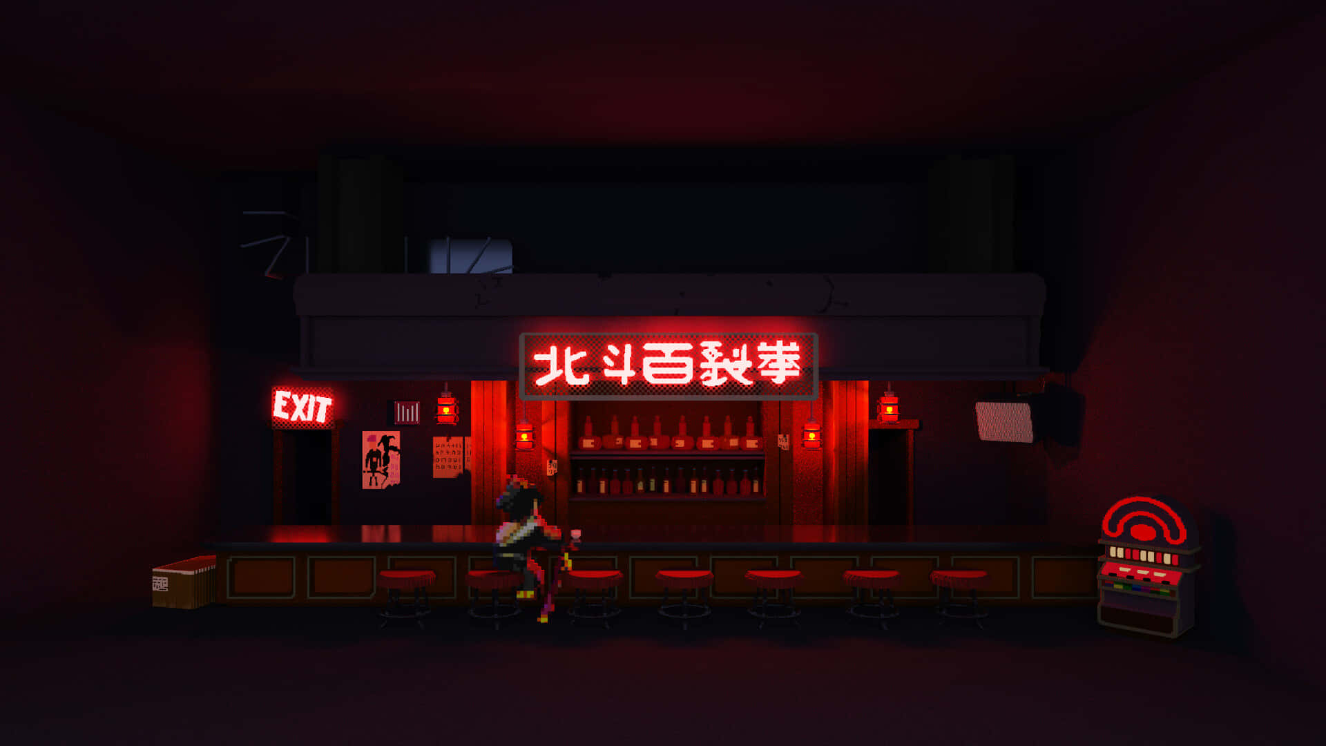 Katana Zero, neon-lit bar, dimly lit underground den, Full HD Desktop Wallpaper